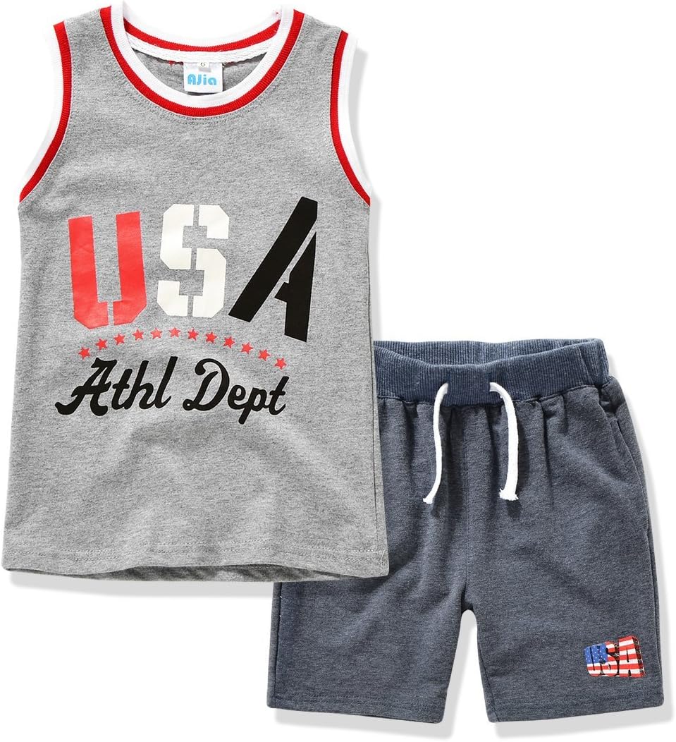 Summer Little Boys 2PCS Clothes Set Sleeveless Letters Print Tank Top and Shorts Outfit (5-6 Years, Gray)