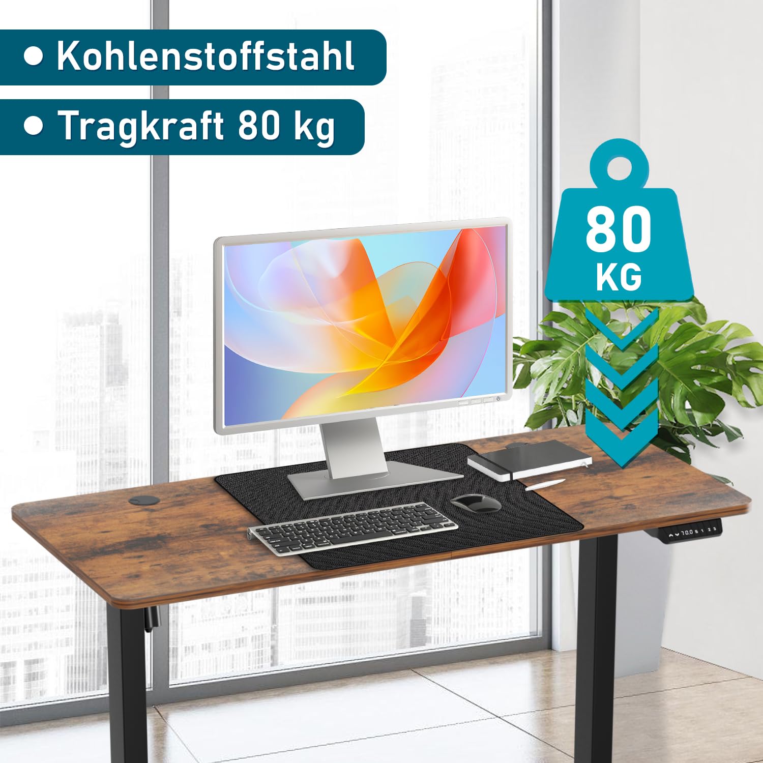 Biurko z elektryczną regulacją wysokości, ergonomiczne siedzisko, stolik pod komputer do domowego biura, biurko z funkcją pamięci i technologią antykolizyjną, 140 x 60 cm, brązowe