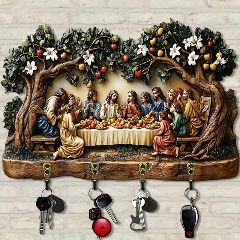 Flat Wooden Jesus the Last Supper Wall Art Decor Key Holder Wall Mount 2D - image 1