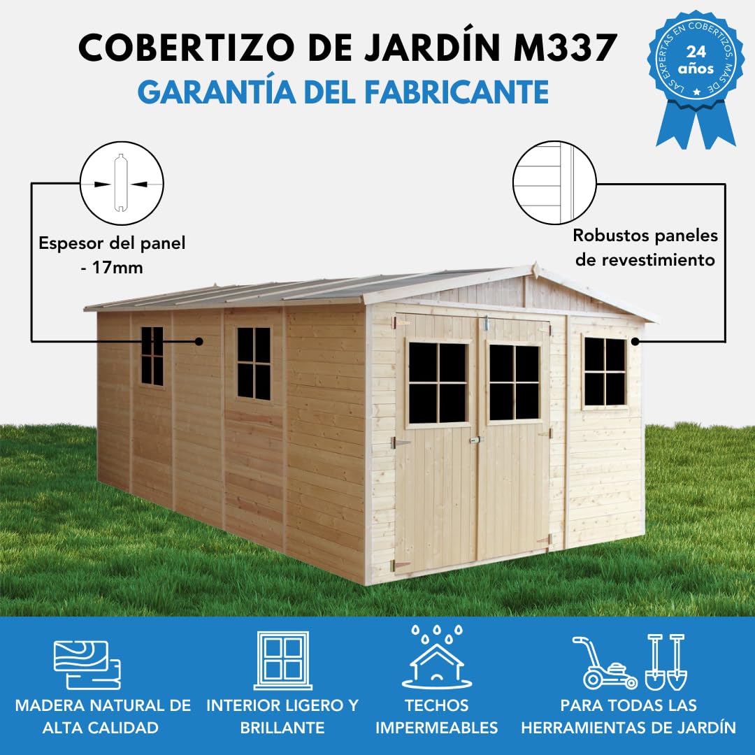 Cobertizo de Madera para jardín - 324x516cm/15m2 Cobertizo de Madera Natural - Taller de Jardín - Bicicleta, Almacenamiento de Herramientas TIMBELA M337