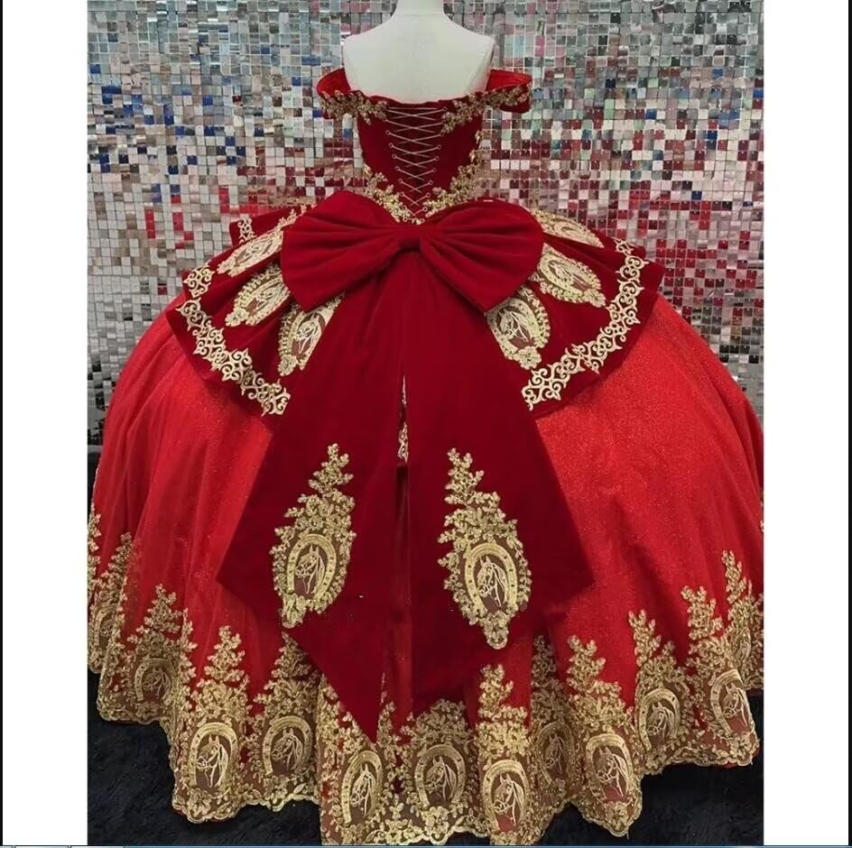 Velvet Bling Tulle Gold Embroidered Quinceanera Dresses Charro Mexican Party Sweet 15 Dress Off The Shoulder 20252