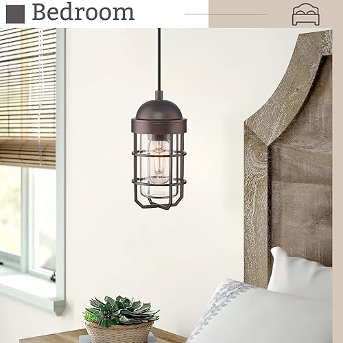 Miniatura 7 de Emliviar GE255P ORB - Lámpara colgante industrial náutica para interiores y exteriores, acabado de bronce aceitado con pantalla de vidrio templado