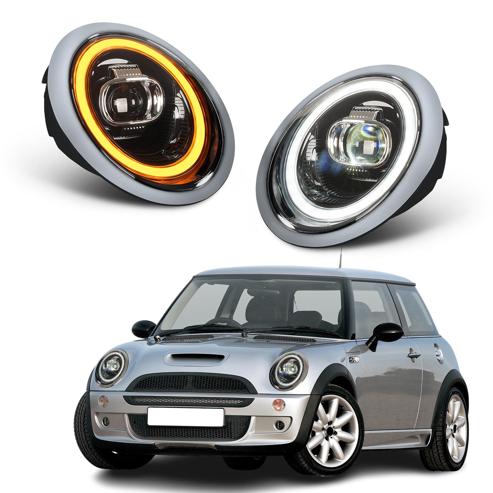 LED-Projektor Scheinwerfer kompatibel mit Mini Schrägheck Cabrio R50 R52 R53 2001-2007, mit Atme blau drl, Paar (links und rechts)
