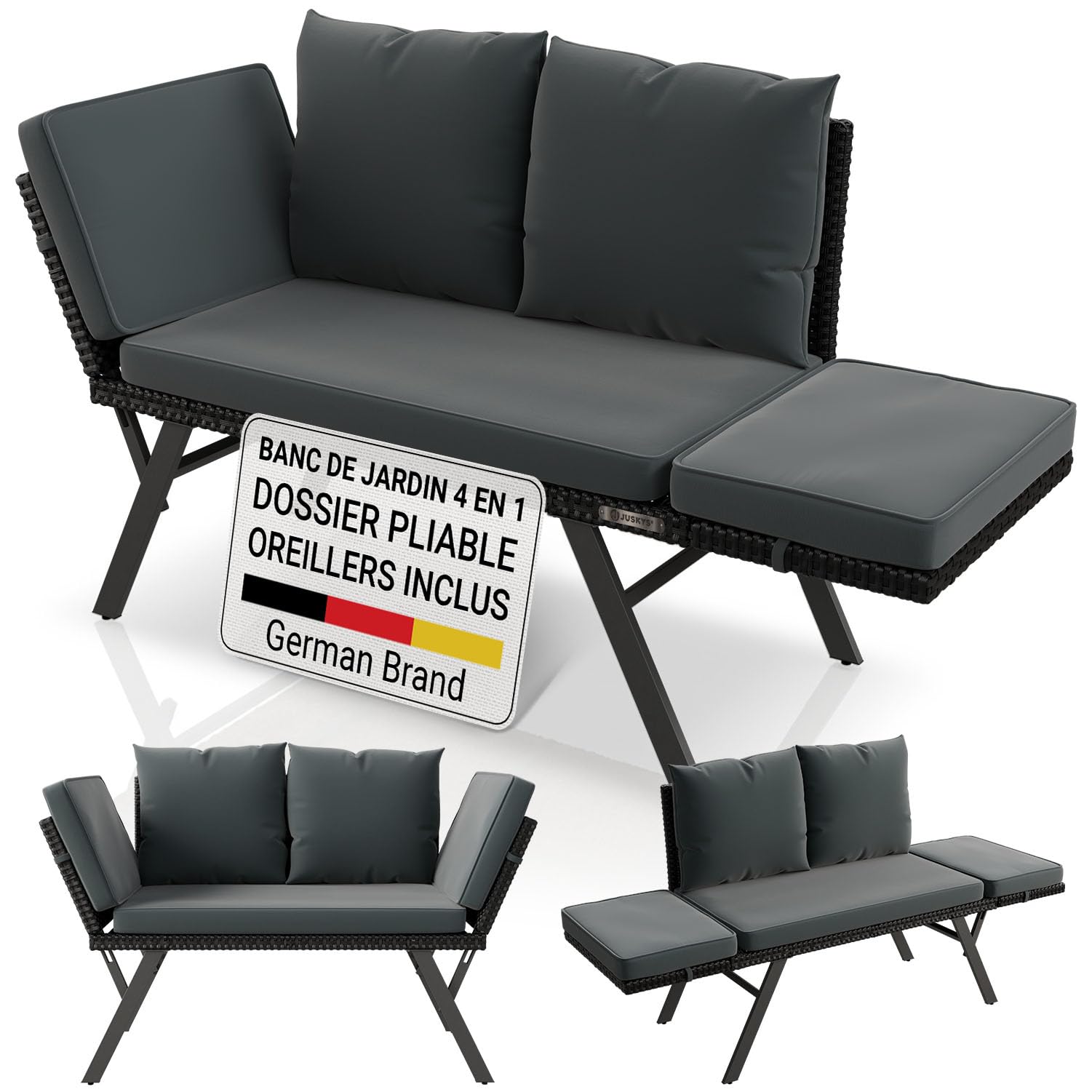 Juskys® Banc Multifonctions Calvia Noir/Gris - transat Pliable en polyrotin résistant, Banc Jardin Charge 240 kg