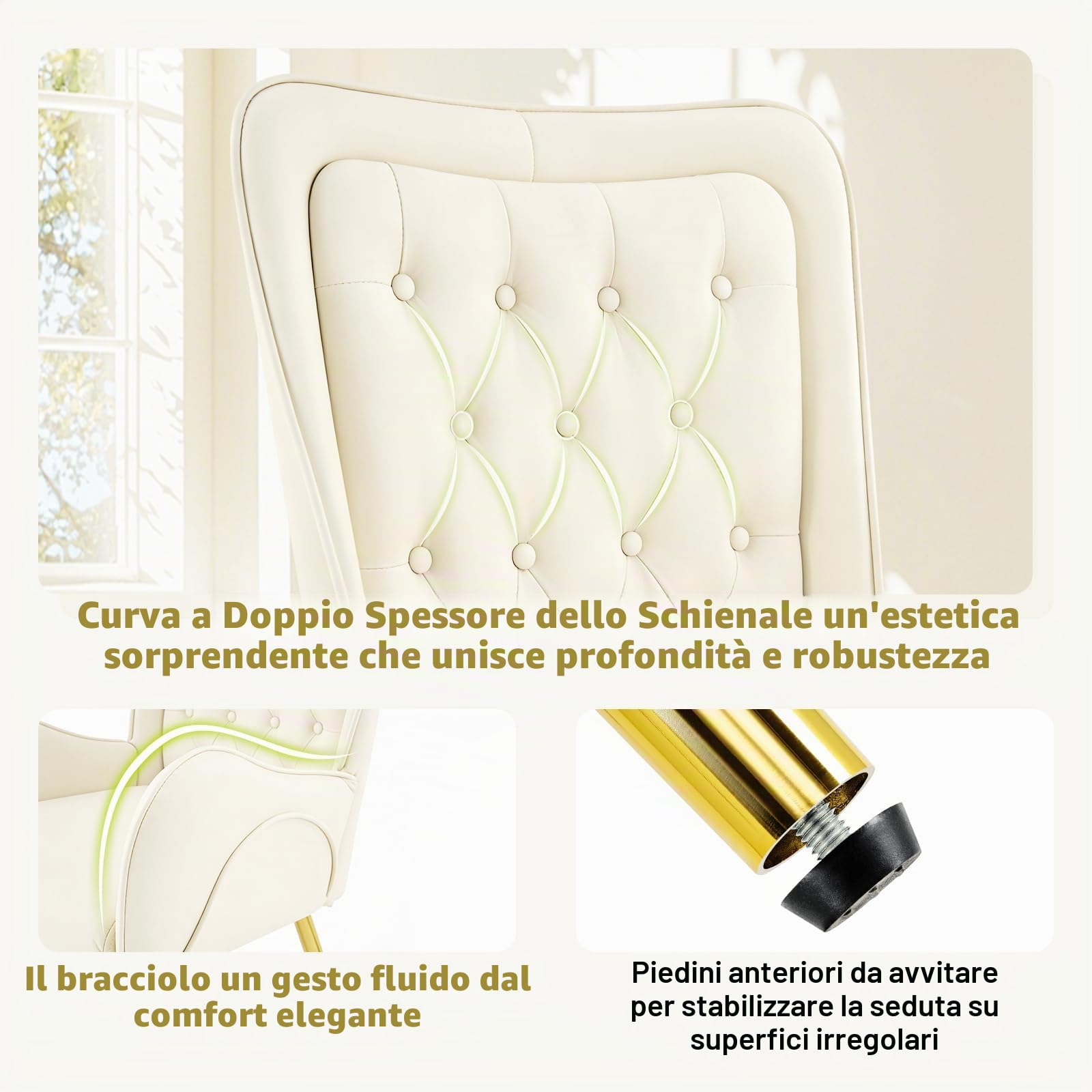 Hellove Poltrona e Poltroncina Salotto, Poltrone Moderne in Pelle – Sedia Poltrona e Sedia Trucco – Poltrona Camera da Letto con Piedini Oro – Poltroncina da Camera per Relax e Lettura, Beige