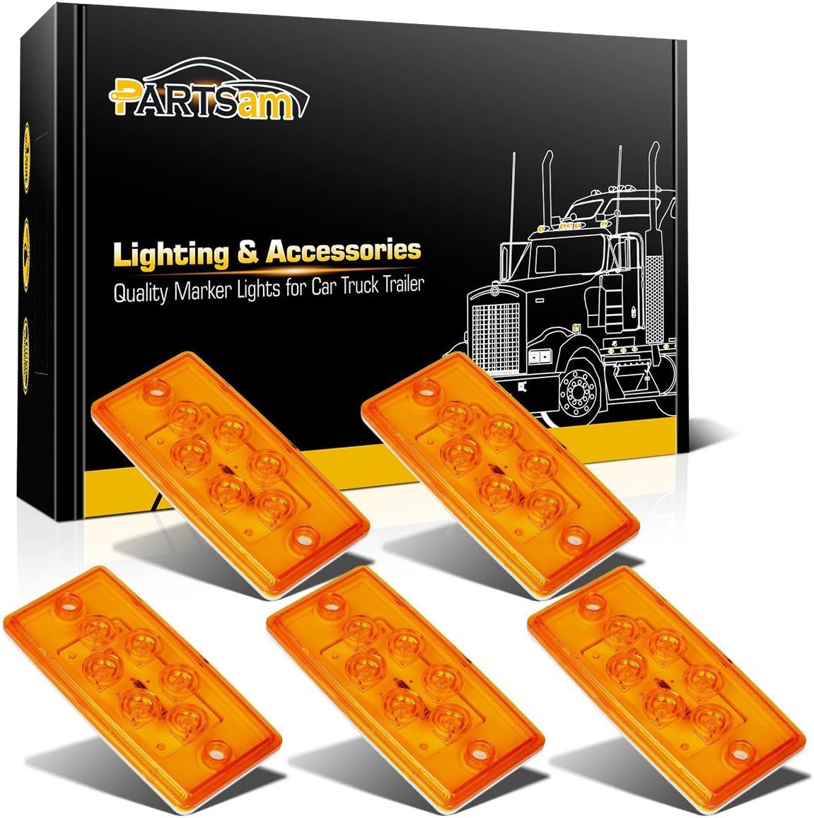 Partsam 6LED Amber Cab Marker Lights - Waterproof Roof Mount Clearance Lights for Trucks, Compatible with Freightliner/Volvo Heavy Duty Trucks & Trailers (5 Pack)