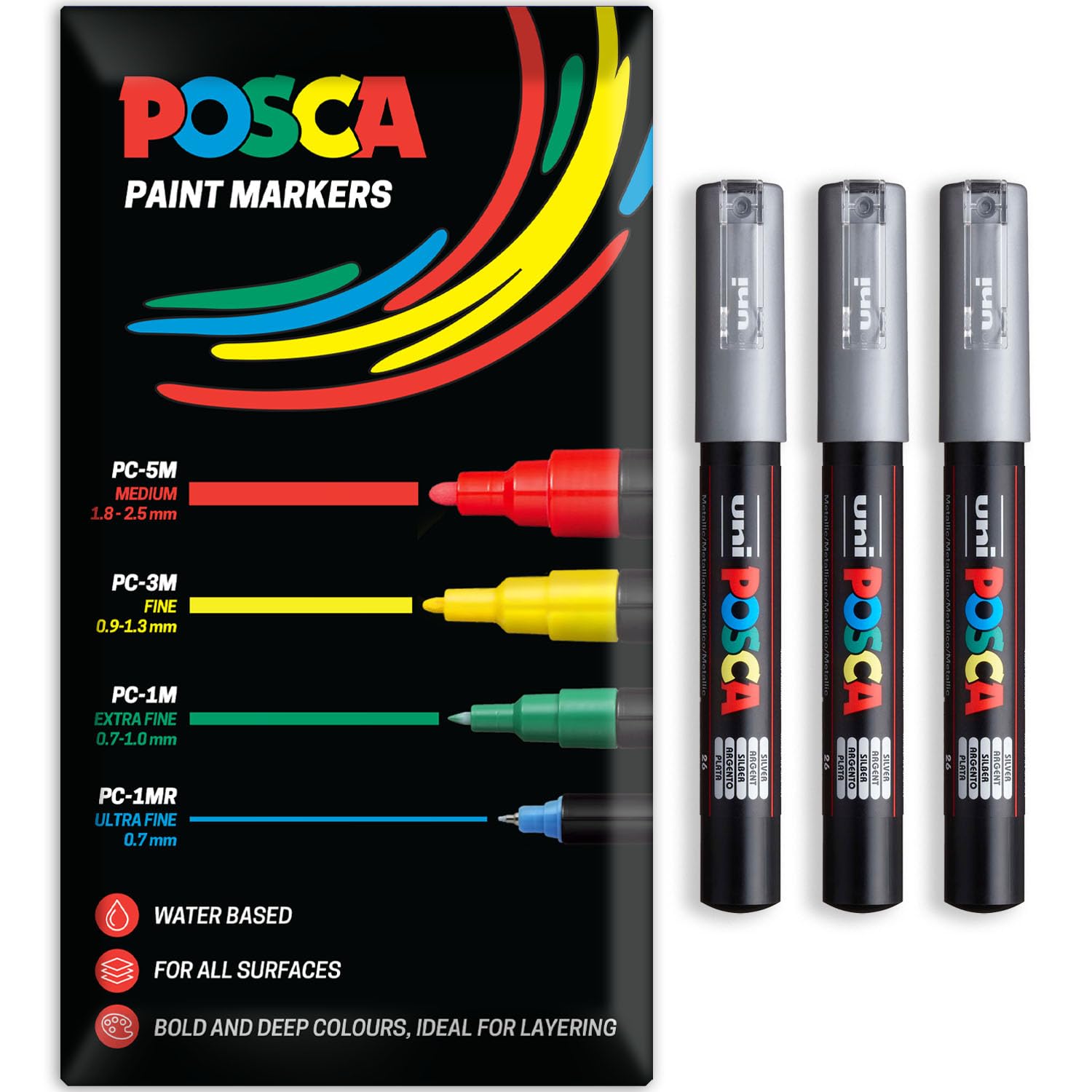 Posca Water Based Acrylic Paint Marker Pens | Multi Surface Use Permanent Paint Pen | Pack of 3 Pens in Envelope Gift Packaging | Glass, Fabric, Canvas, Wood etc | PC-1M, Silver