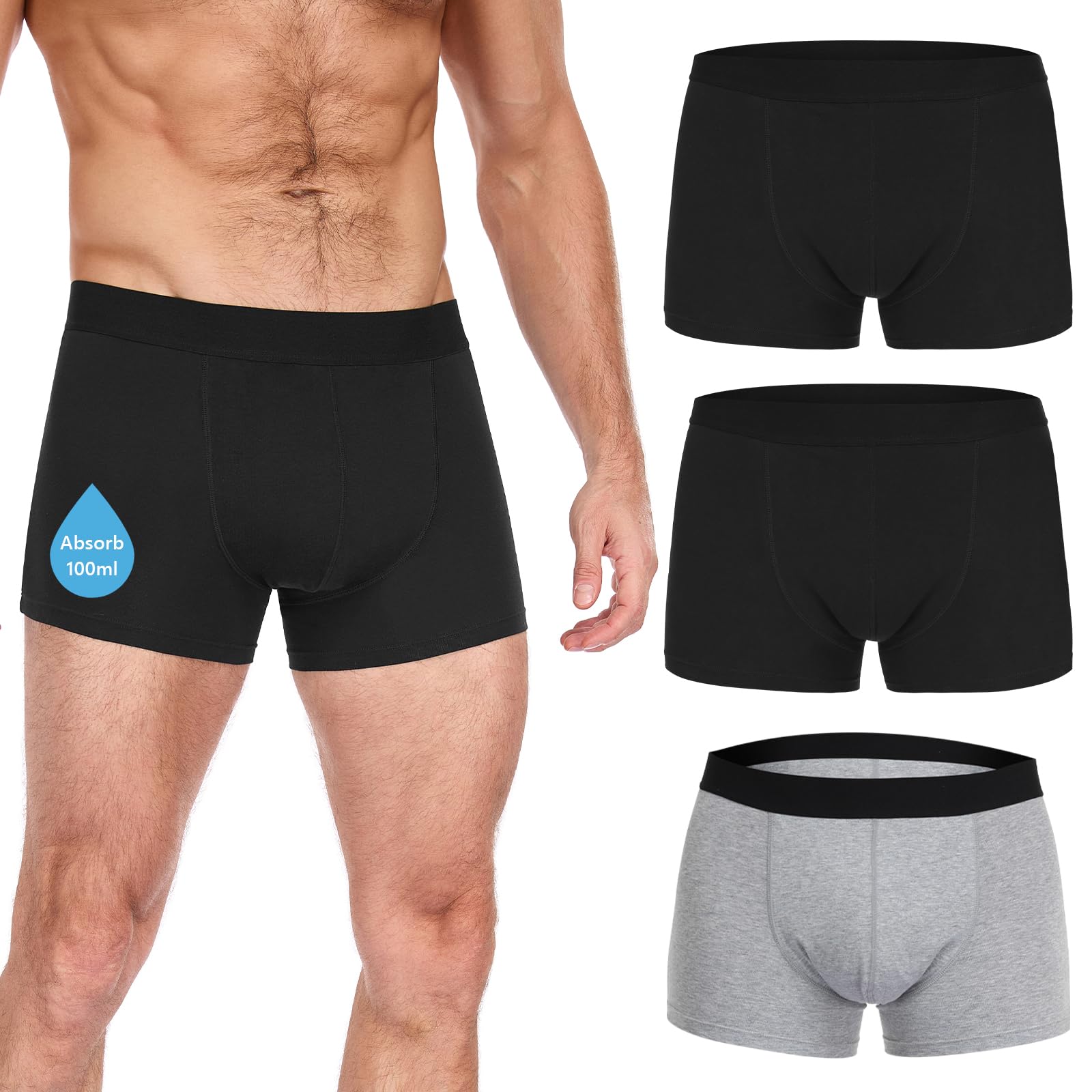 CITURLAN Inkontinenz Pants Männer - 100 ml Saugfähigkeit,Waschbar Boxershorts Herren für Inkontinenz Underwear mit Baumwolle Auslaufsicher Wiederverwendbare für Nacht und aktive Nutzung, 3er Pack