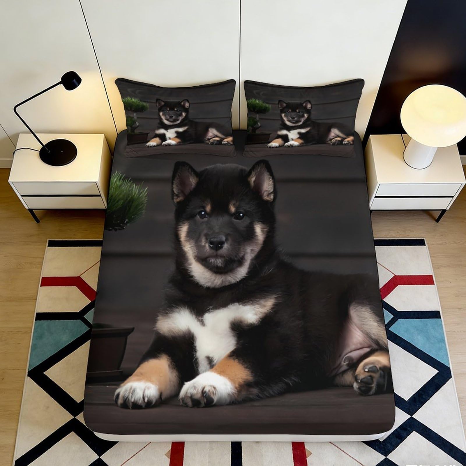 3D Printed Black Shiba Inu Fitted Sheet Microfiber Soft Breathable Dog Mattress Cover for Bedroom Guest Room Decor 90x200x25cm