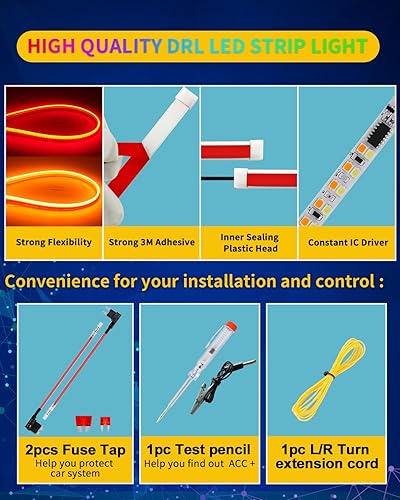 Miniatura 6 de DUOFU365 Tira de luz LED para faros delanteros, 2 tiras LED DRL flexibles impermeables de 24 pulgadas, DC 12 V, luz diurna súper brillante para