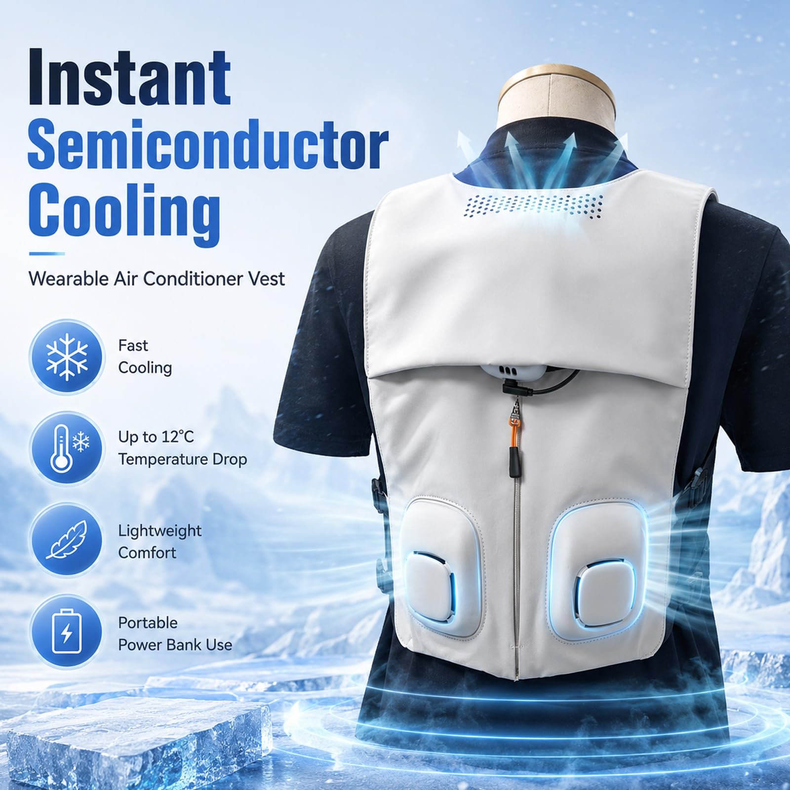 Gilet Rinfrescante Con Ventole Flessibili, Giacca Climatizzata | Con Doppio Modulo Di Raffreddamento A Semiconduttore, Tracolla Rimovibile Per Cambiare Modalità Liberamente