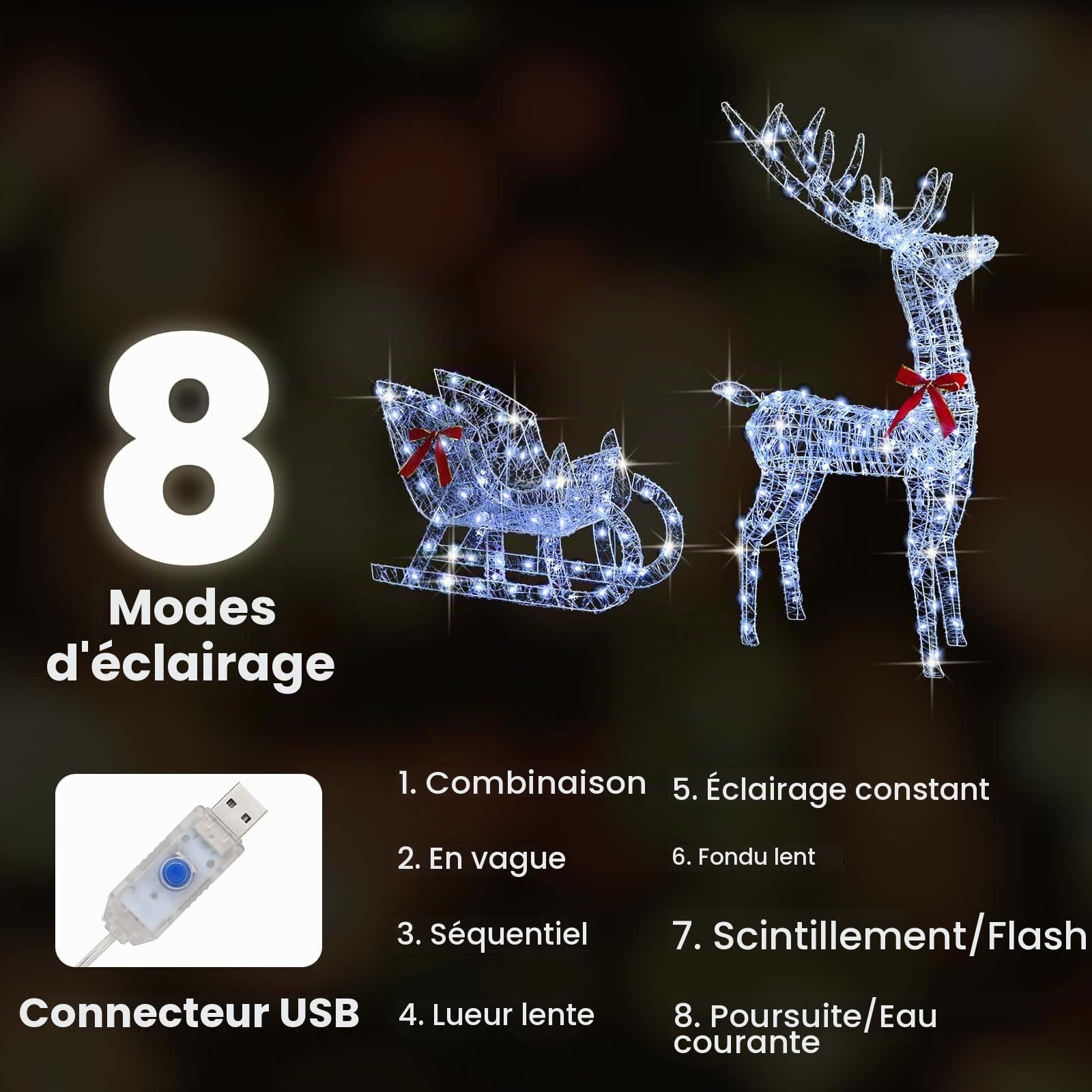 vidaXL Traîneau tiré par Un Renne Blanc Froid 70 x 26 x 130 cm, Sapin Moderne, déco en Rennes Durable, Figurine de Noël, lumières LED USB, déco Acrylique Minimaliste
