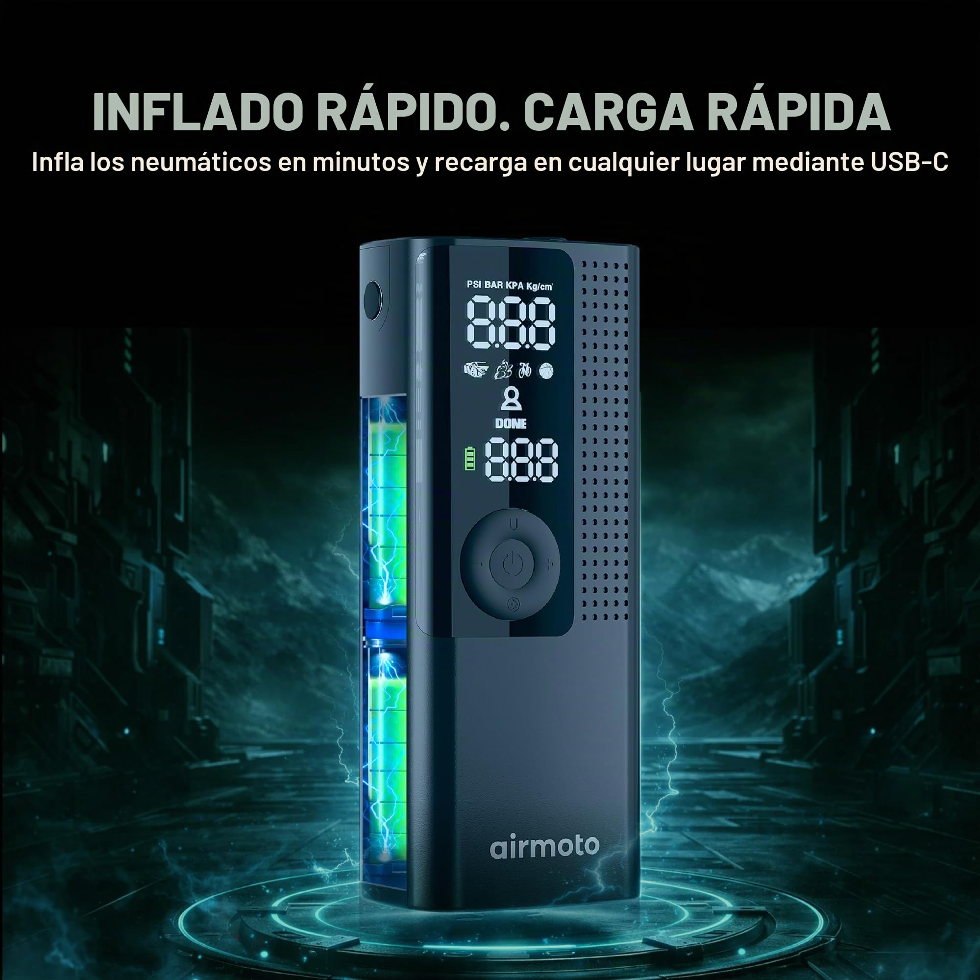 Airmoto La bomba de aire portátil original, 120 PSI compresor de aire inflador de neumáticos – se adapta a neumáticos de coche, camión y motocicleta – Medidor de presión digital, bomba compacta