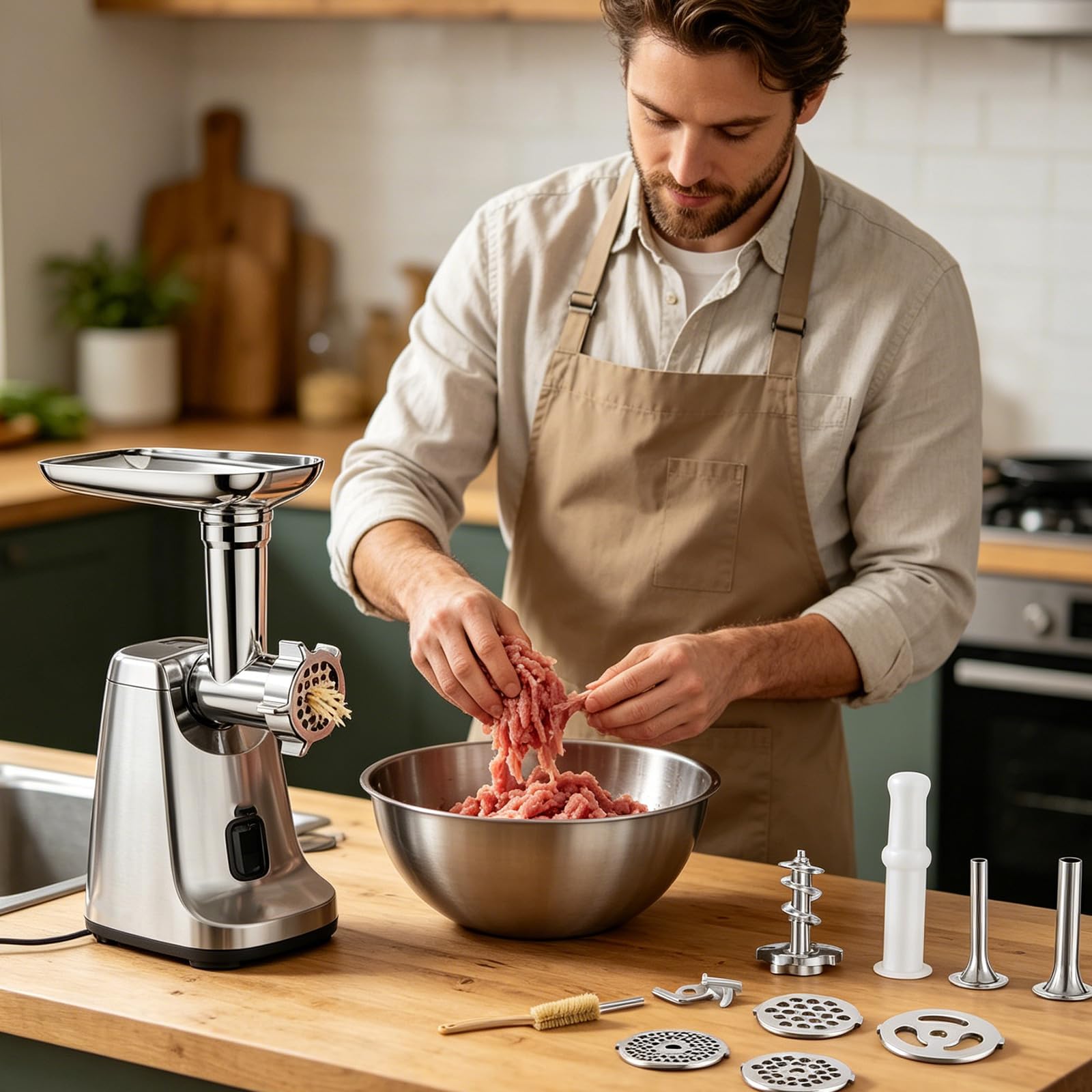 Accessori da cucina per robot da cucina, set accessori per salsiccia e tritatutto in acciaio inox, 21, con piastre macinazione, dischi da taglio e vassoio alimentazione,
