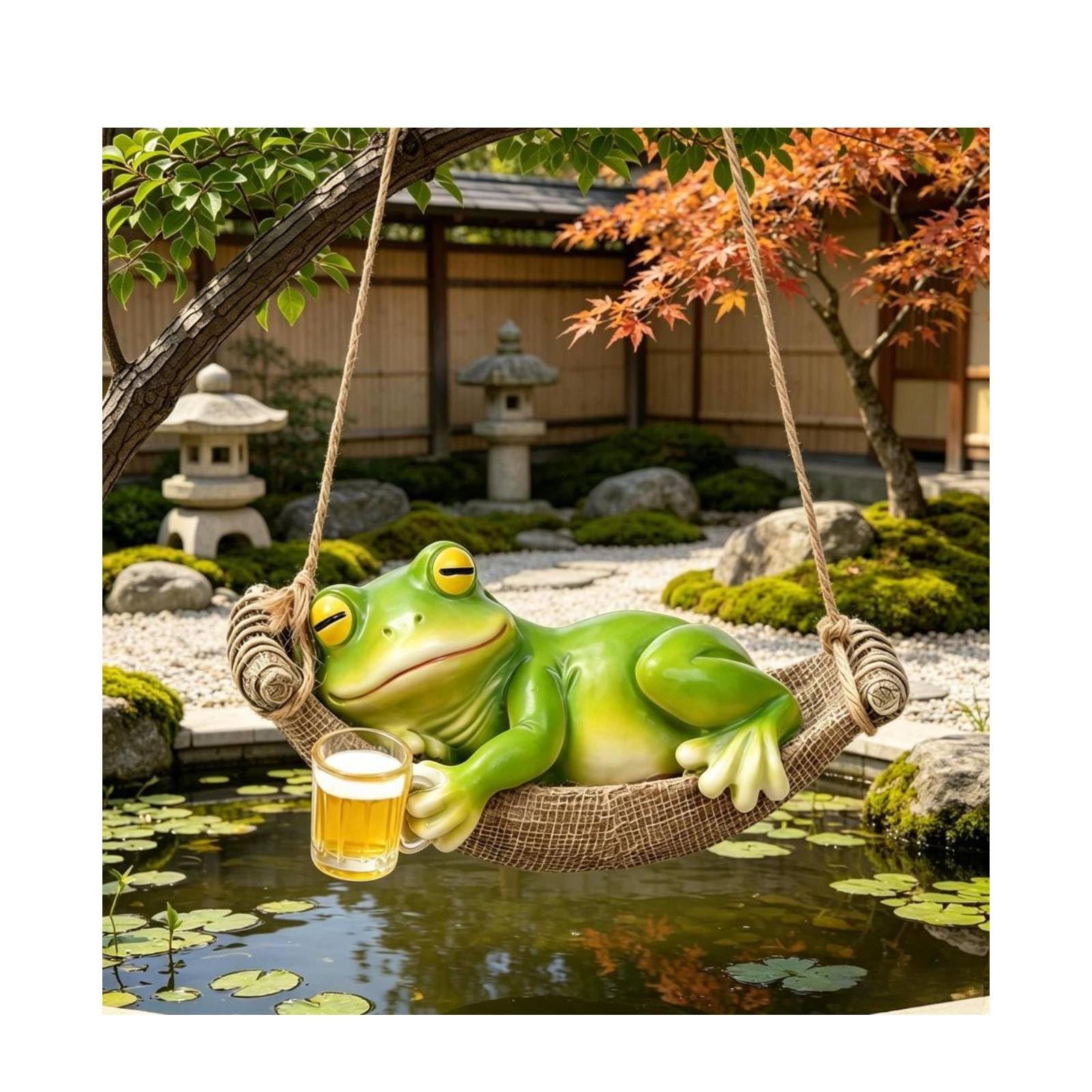 Garden Frog Statue Sleeping in Hammock Wine Statue for Fall Yard Patio Party Decoration, Resin Cute Swing Frog Decor Figurines, Gifts for Mom Dad on Birthday, Housewarming