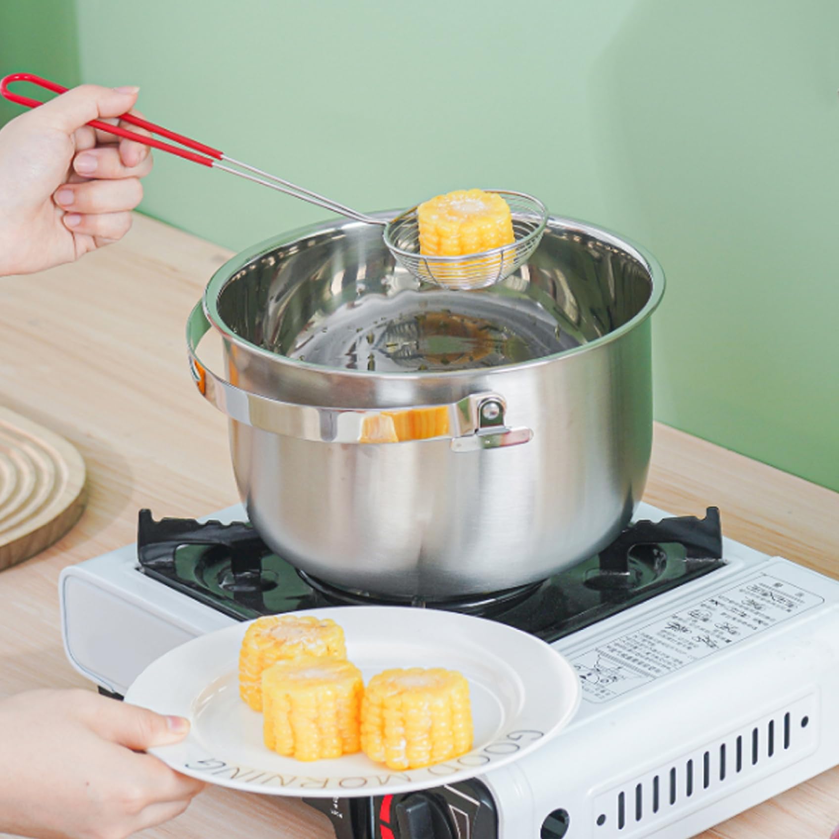 Olla freidora de acero inoxidable con cesta, olla freidora de 2, 4 L con mango resistente al calor para pescado, alitas de pollo y reuniones al aire libre