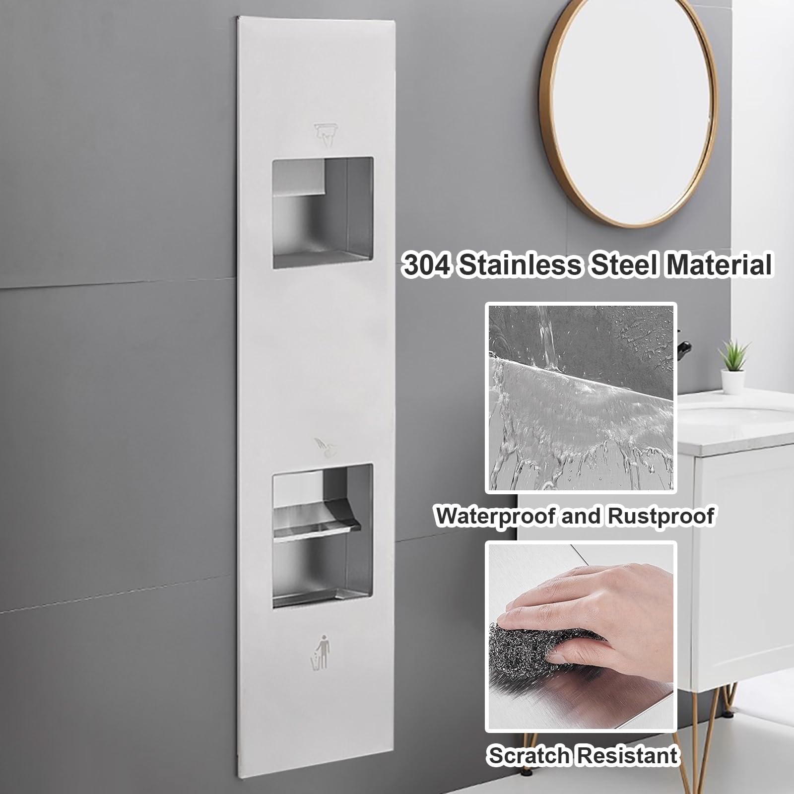 Dispensador comercial de toallas de papel con cubo de basura, acero inoxidable 304, soporte para toallas de papel de baño para baños de alto tráfico, diseño que ahorra espacio