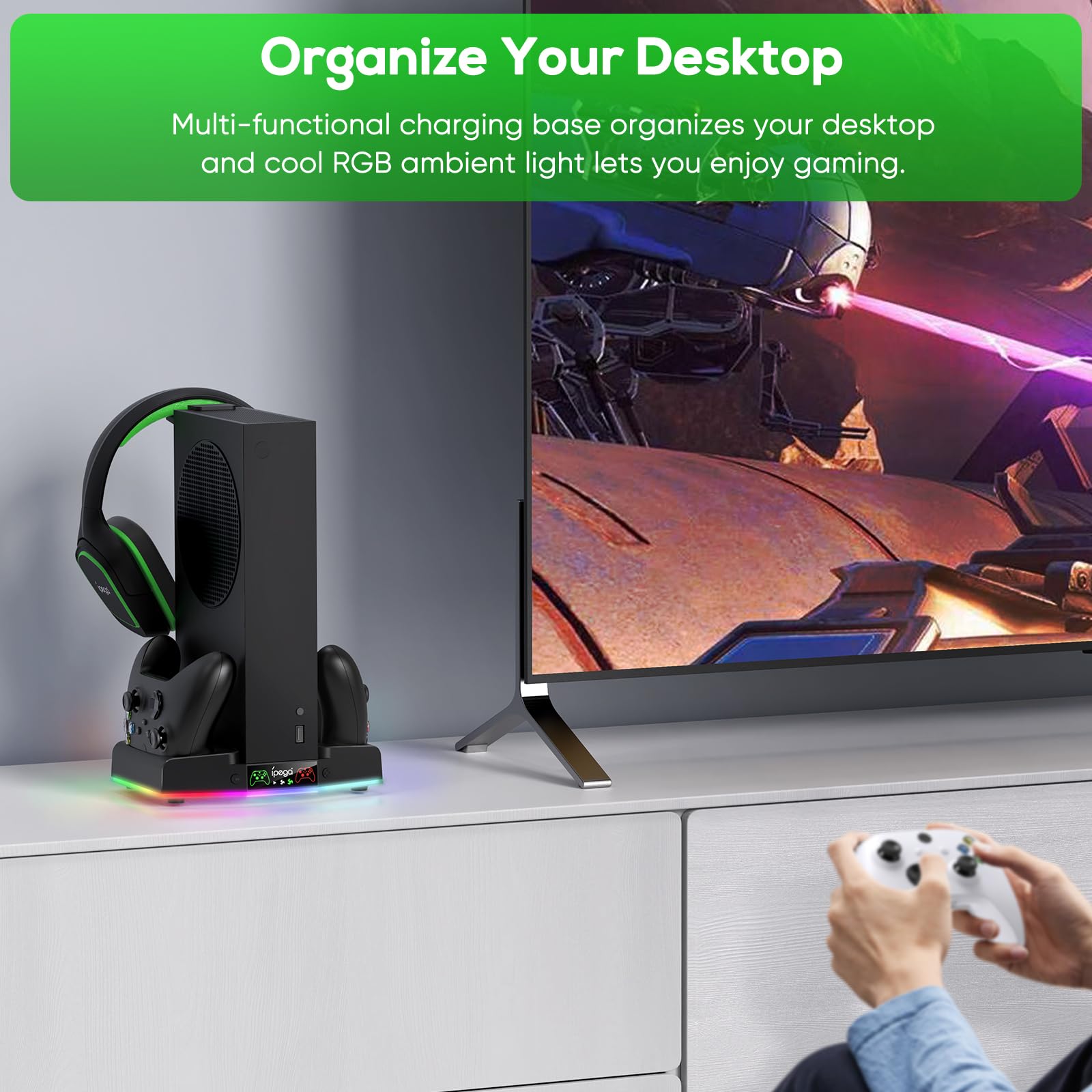 FYOUNG Supporto verticale per caricabatterie e stazione di raffreddamento per Xbox Series S, dock di ricarica controller di aggiornamento con luce 15 RGB, sistema di ventola di raffreddamento, 2