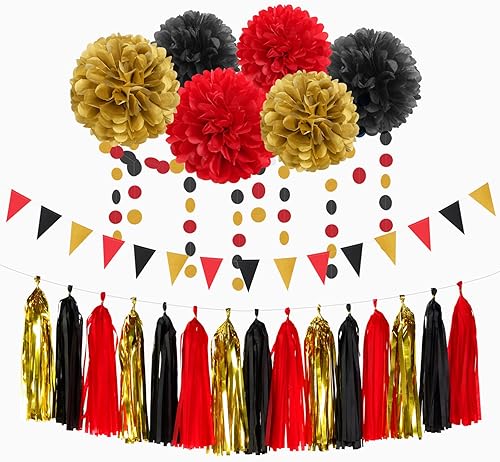 Paquete de decoración para fiesta temática de casino en rojo, negro y oro - 23 piezas Kits para noche de juego, serpentina de papel de seda con
