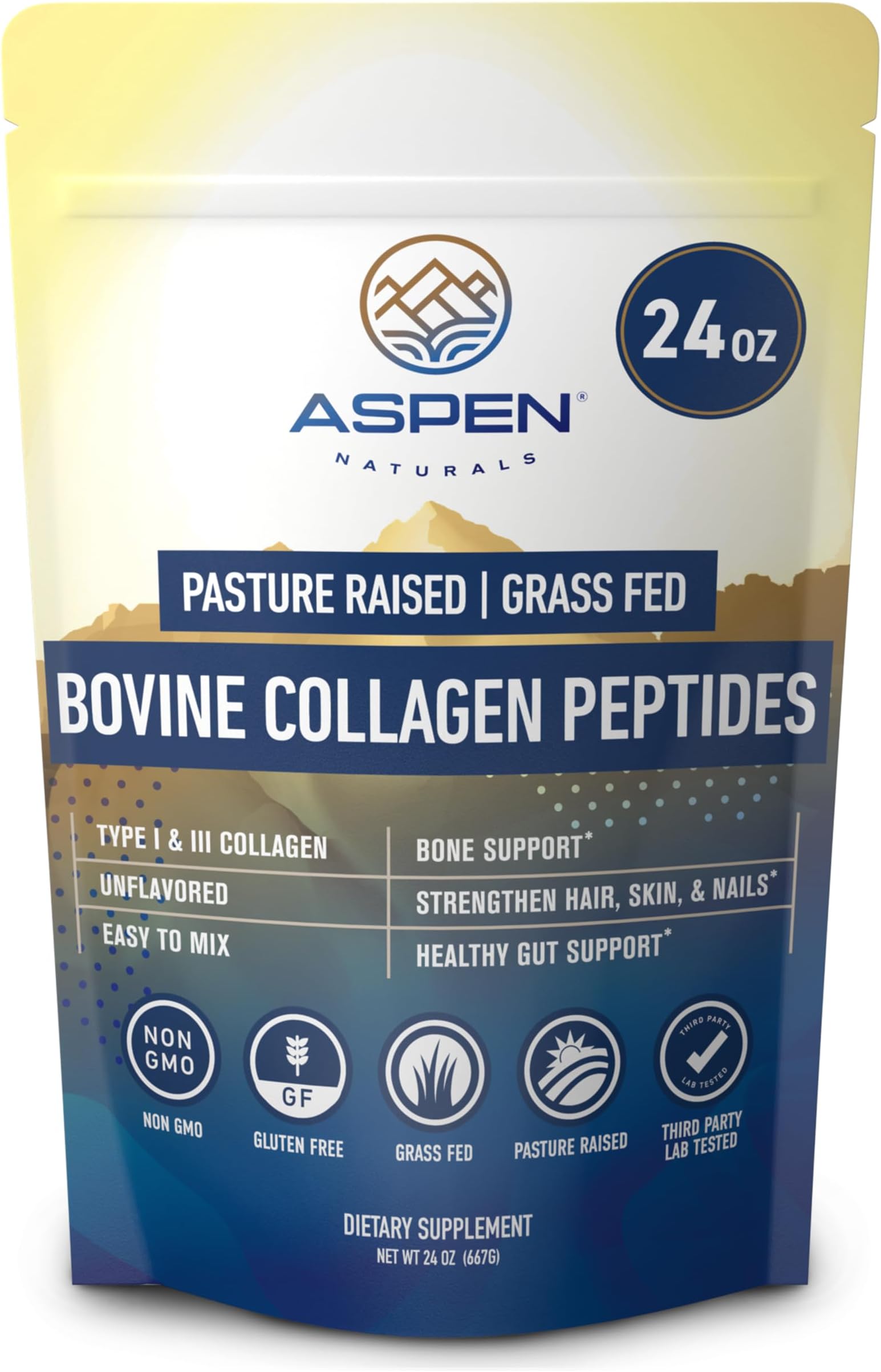 Bovine Collagen Peptides Powder 24oz (1.5 lbs) - Unflavored Hydrolyzed Type I & III Protein | Grass Fed, Pasture Raised | Hair, Skin, Nails & Gut | Easy to Mix | Paleo Friendly, Non-GMO, Gluten-Free