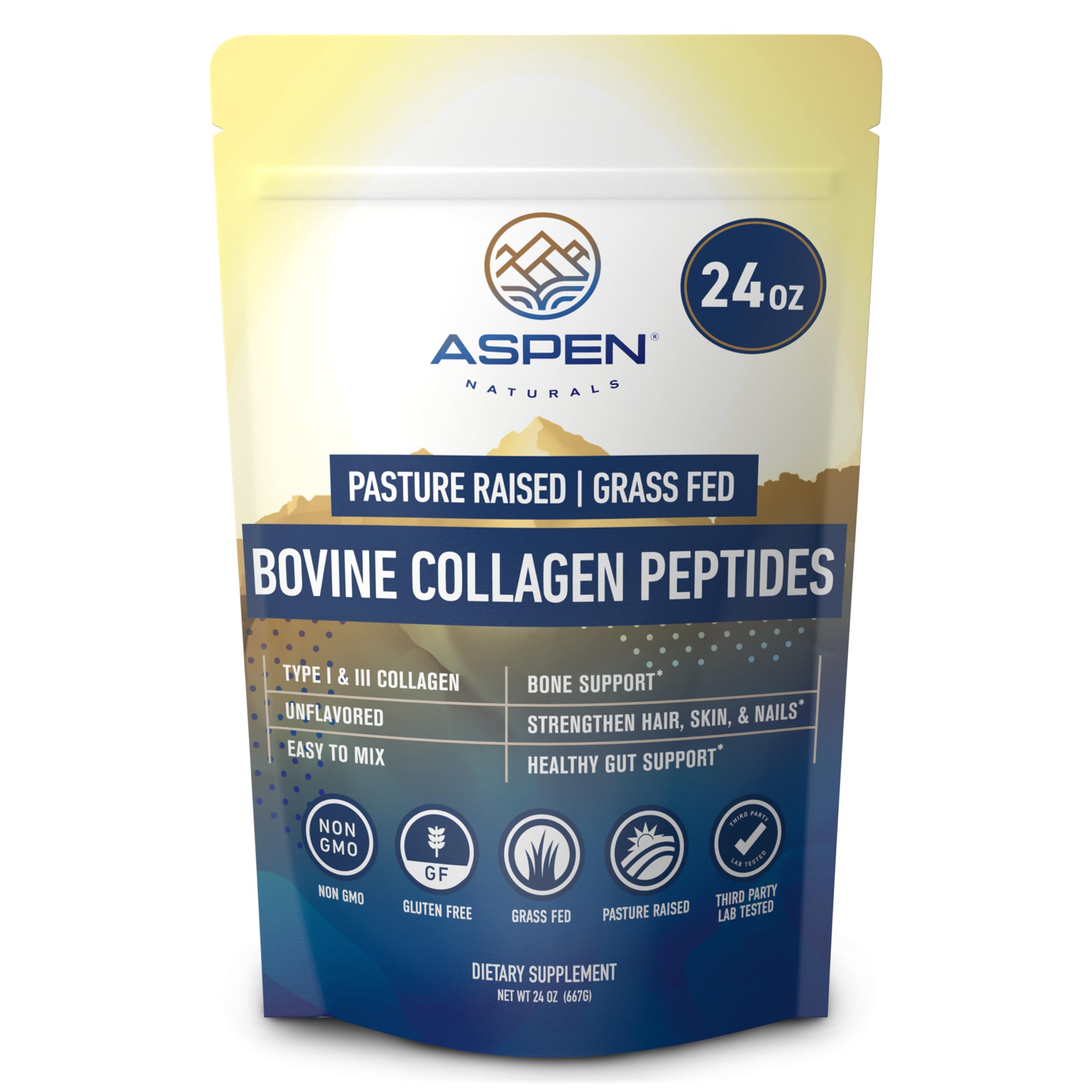 Bovine Collagen Peptides Powder 24oz (1.5 lbs) - Unflavored Hydrolyzed Type I & III Protein | Grass Fed, Pasture Raised | Hair, Skin, Nails & Gut | Easy to Mix | Paleo Friendly, Non-GMO, Gluten-Free