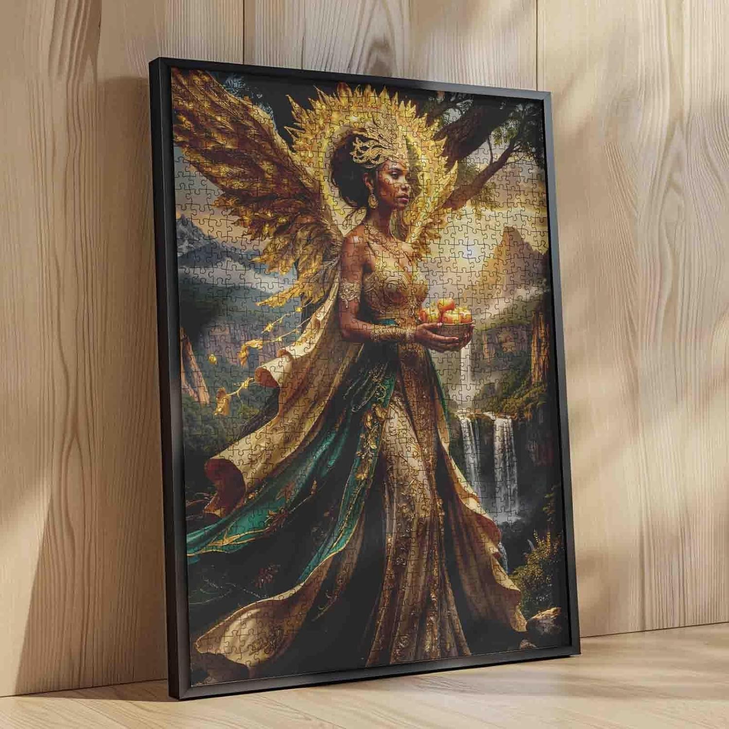 Goddess Wings African Queen Holding Fruits 1000 Piece Jigsaw Puzzle for Adults Fantasy Landscape Waterfall River Forest Sunlight 20×27 Inches Puzzle for Students Women Men Gift Home Wall Decor