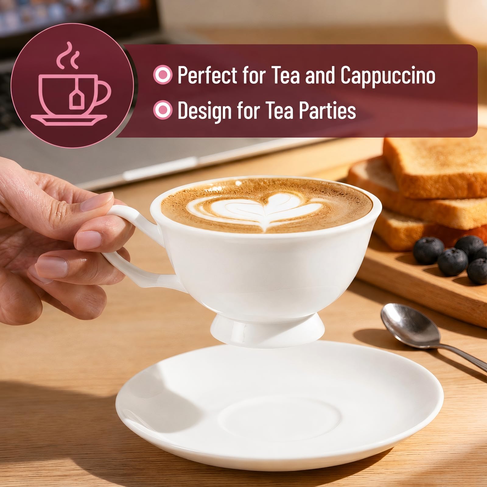 Juego de 2 tazas y platillos de espresso de porcelana fina, 5 onzas | Juego clásico de tazas de té blanco para café, capuchino, latte, té de la tarde, boda, regalo de festival