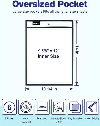 Miniatura 2 de SUNEE Paquete de 6 fundas de bolsillo reutilizables de gran tamaño de borrado en seco con anillo, soportes negros de 10 x 14 pulgadas, protectores