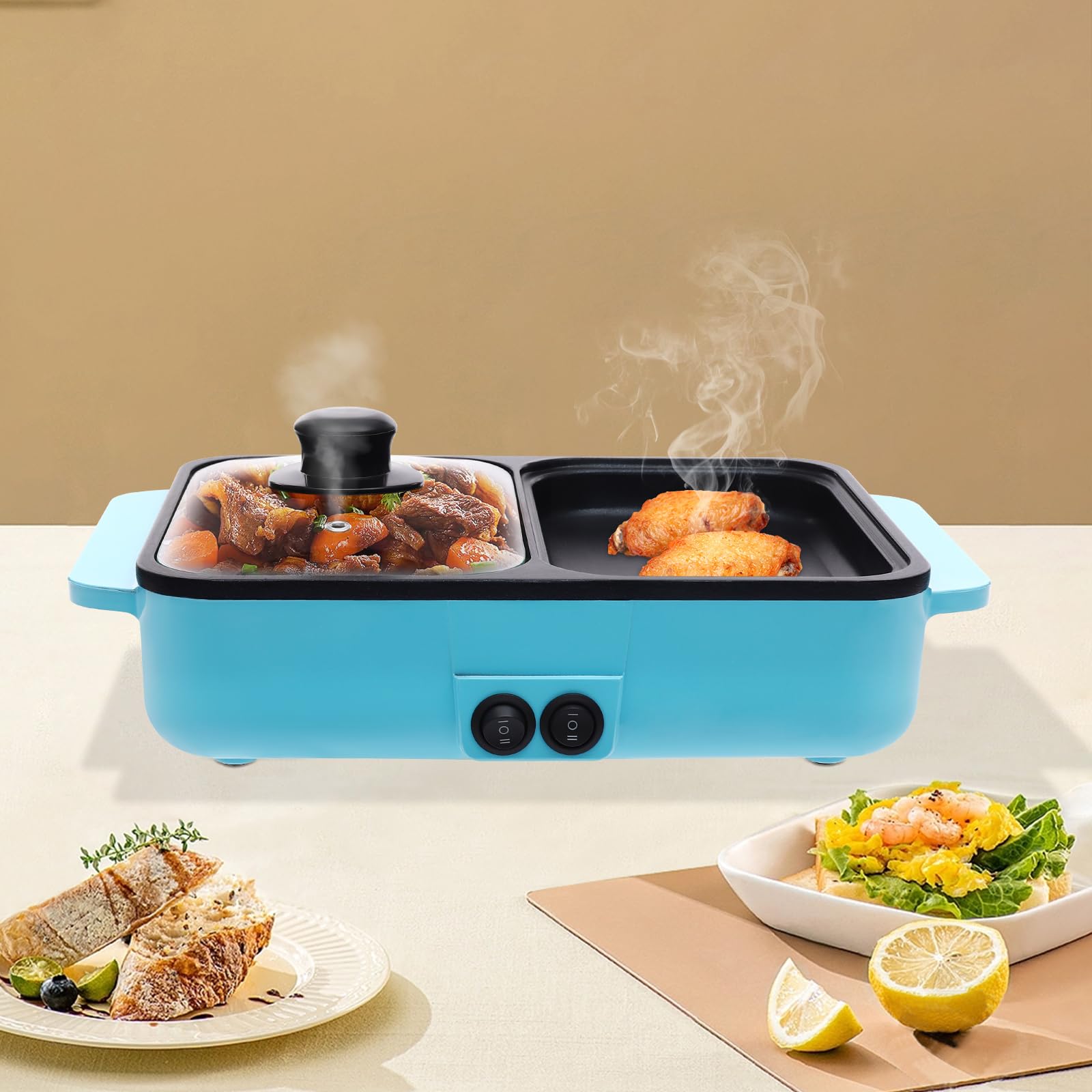 GXFCHYL 2 in 1 Electric Hot Pot with Grill, 110V 1200W Portable Non-Stick Electric Hot Pot and Frying Pan, Dual Temperature Control, Suitable for Grilling, Frying, Soup, Hot Pot, Blue