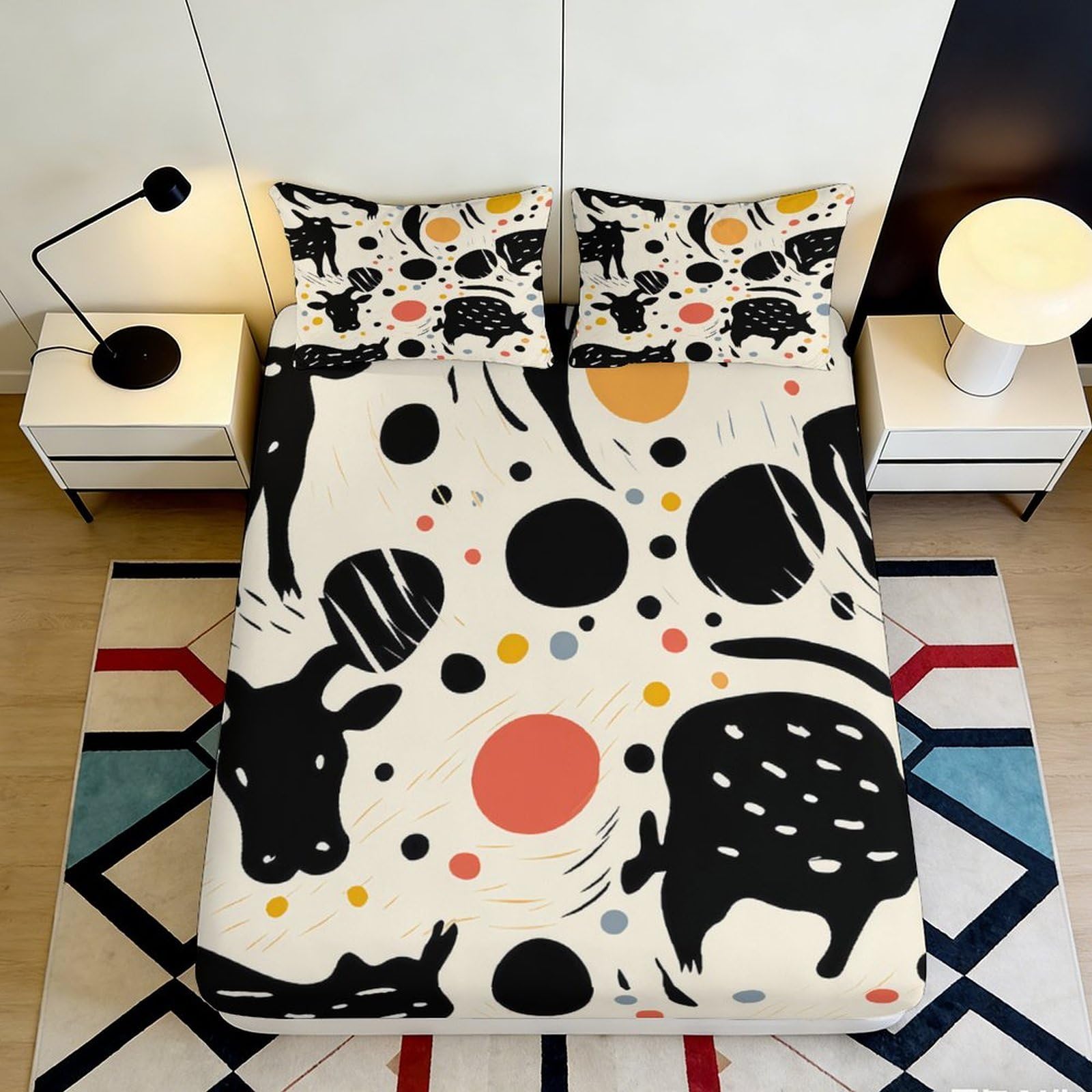 3D Printed Abstract Cow Pattern Fitted Sheet Microfiber Decor Polka Dot Bed Cover Bedroom Dorm Mattress Protection 90x200x25cm