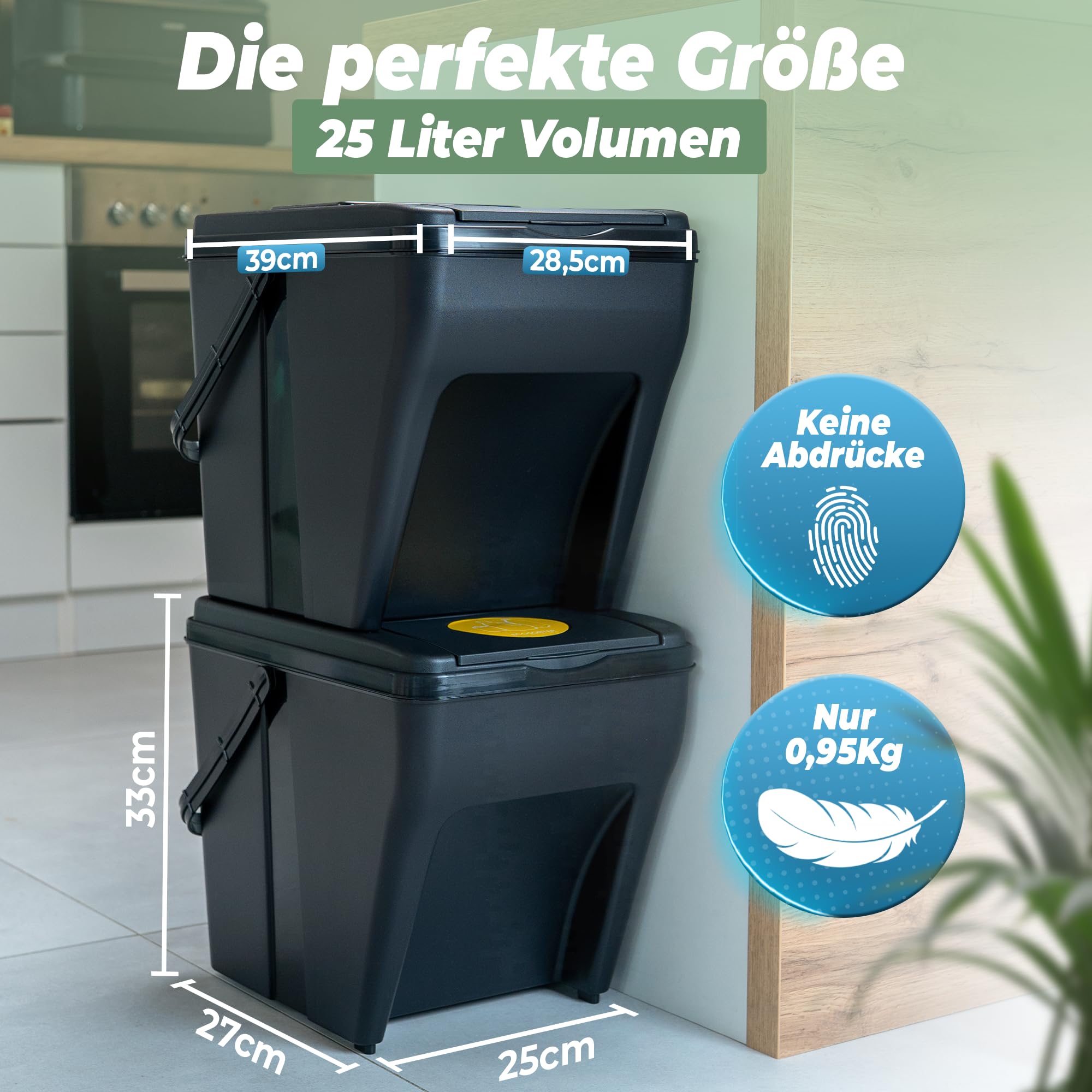 Novaliv Mülltrennsystem Set - 3x 25L Mülleimer Trennsystem - Mülleimer 4 Fächer - Mülltrennsysteme stapelbar - Mülltrennung Recycling Behälter - Abfalltrennsystem - Müll Organizer Müllsortierer