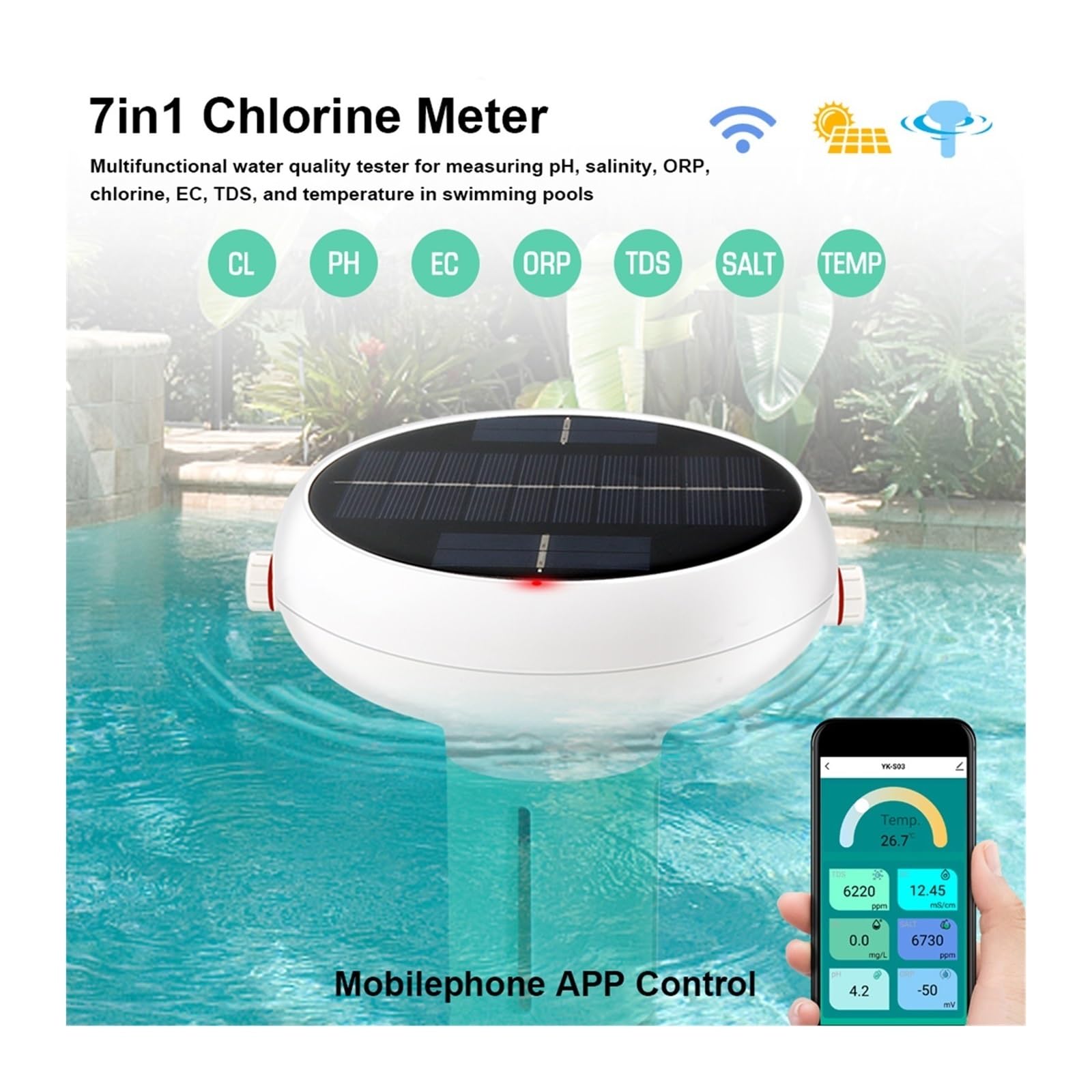 Zestaw do badania wody, Intelligent Chlorin Meter 7 in 1 PH ORP EC Total Dissolved Solids Salinity Temp CL Test Swimming Pool Water Tester
