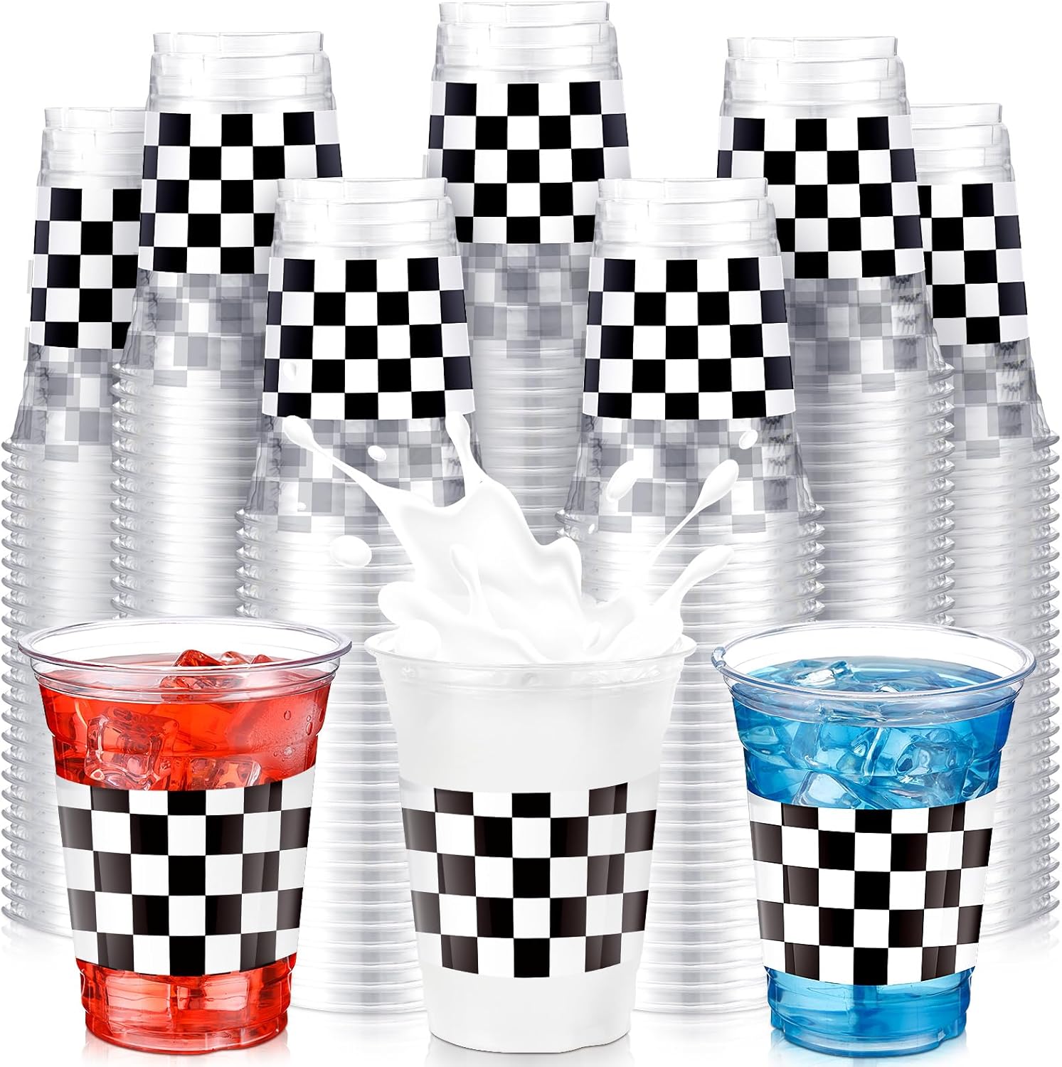SiliFine 100 Pcs 12 oz Checkered Racing Party Plastic Cups White Black Checkered Cup Disposable Clear Gingham Plaid Cups for Racing Car Sports Themed Birthday Fast One Party Supplies Favors