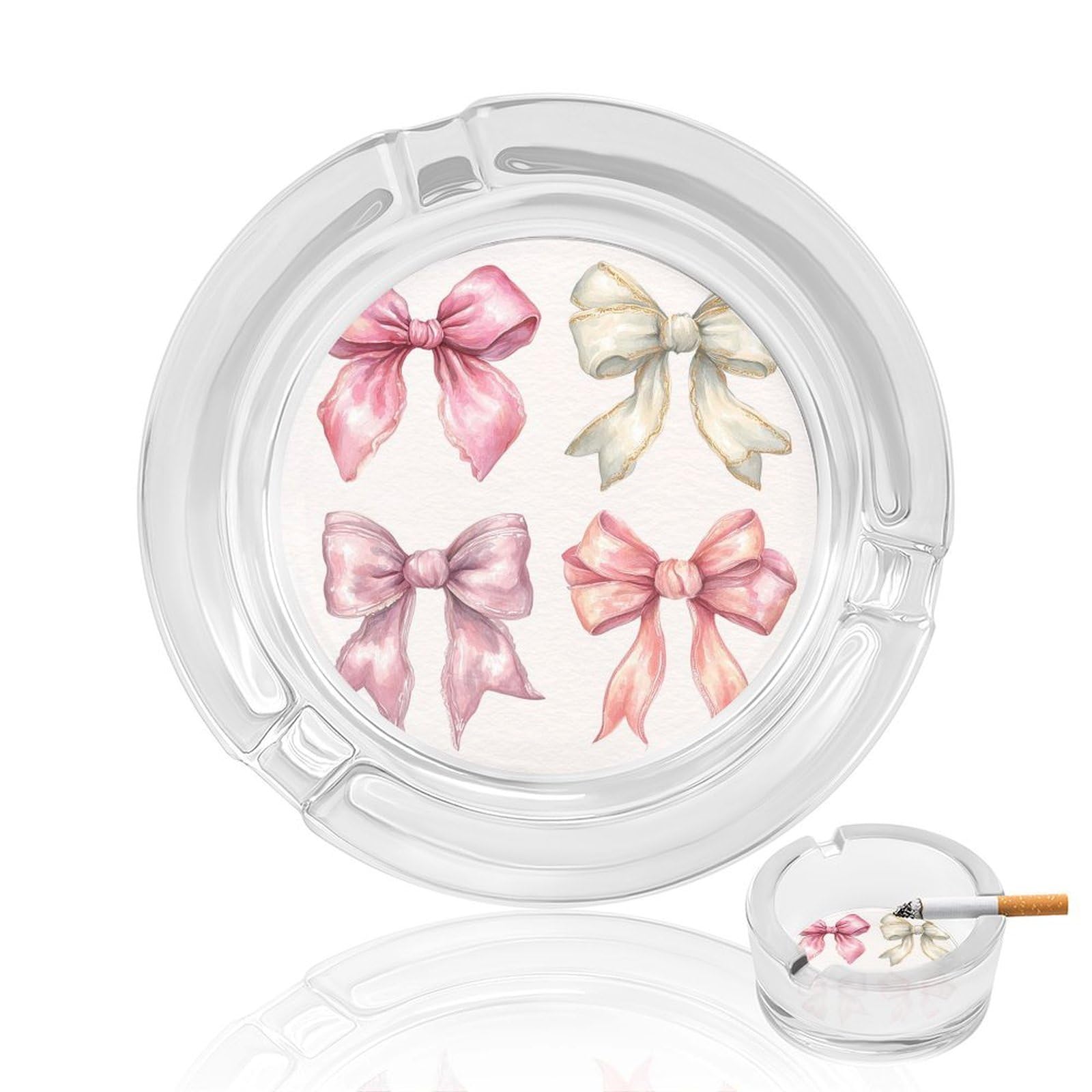 Luxury Coquette 4 Pink Bow Watercolor Glass Ashtray for Cigarettes Portable Decorative Ash Trays for Home Office Decor