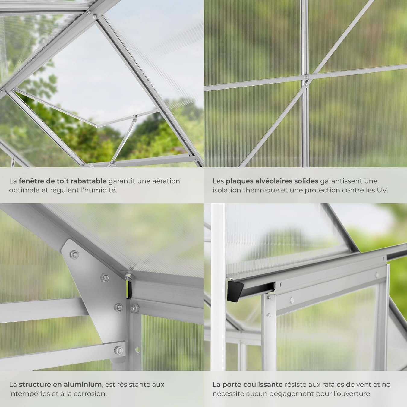 Iš arti view of the tectake Lean-To Greenhouse roof window mechanism and polycarbonate panels.