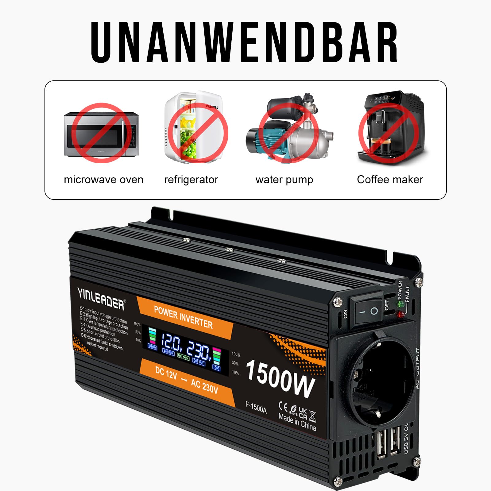 Inversor de corriente de 12 V 230 V 1500 W inversor de pantalla grande 12 a 230 inversor
