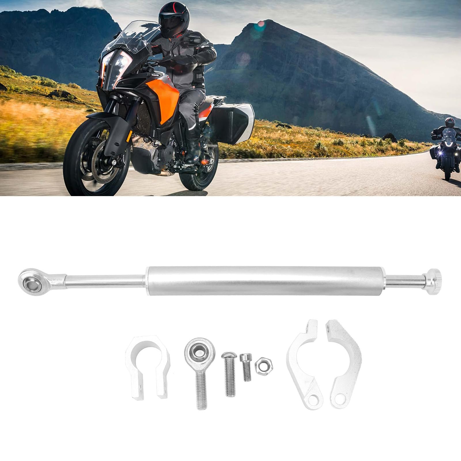 Einstellbarer Lenkungsdämpfer-Stabilisator, Motorrad-Lenkungsdämpfer 330 Mm Universal-Aluminium-Lenkungsdämpfer-Stabilisator für die Meisten Motorräder (SILVER)