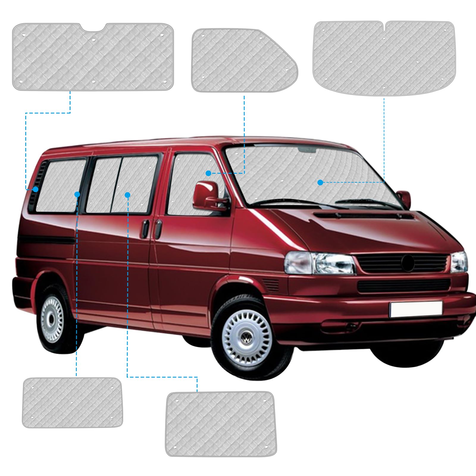 Pare-Soleil pour Pare-Brise Remplacement pour VW T4 SWB, Lot de 8 Réversibles Pare-Soleil Thermiques Internes avec Sac de Rangement, Ensemble de Vitres Avant, 100% Occlusion