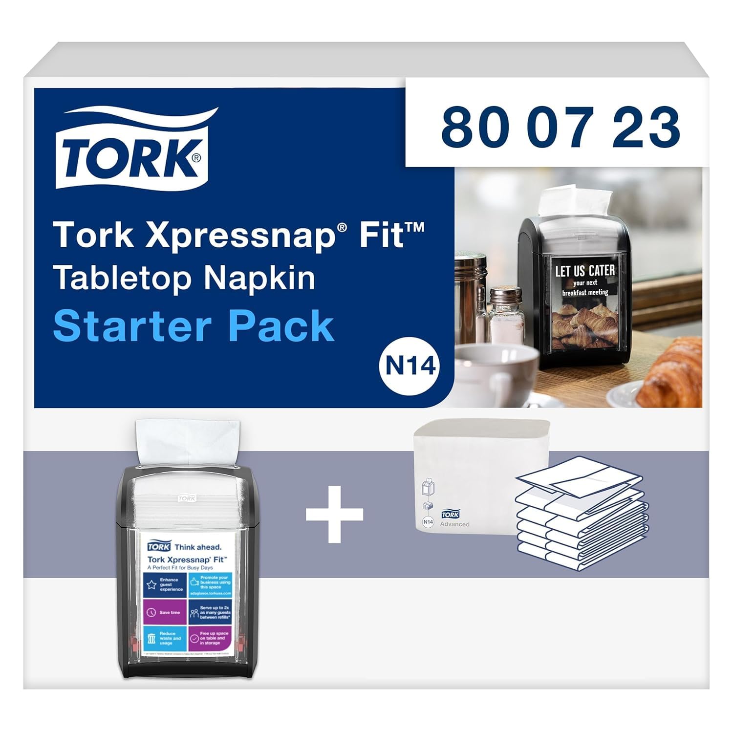 Tork Xpressnap Fit Napkin Dispenser Compact Design, One-at-a-Time Dispensing, Black, N14 System Compatible 2 x 100 White Napkins (800723)