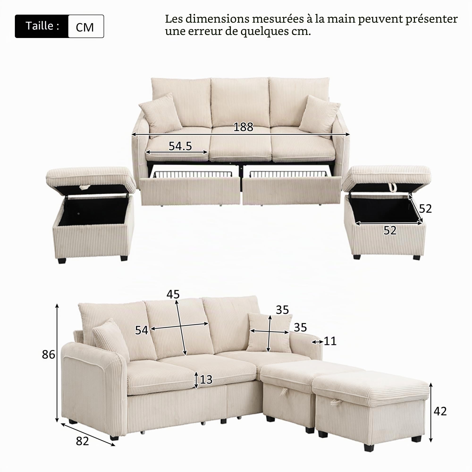 188x186x86 cm Canapé d’Angle Modulable en U, Canapé Convertible 3 Places, avec 2 Repose-Pieds, Rangement Intégré, Chenille, pour Salon, Bureau (Beige)