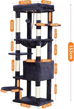 Heybly HCT050G Cat Scratching Post with Blankets for Large Cat Tree Large Platforms Cave 50 x 50 x 153cm Smoke Grey
