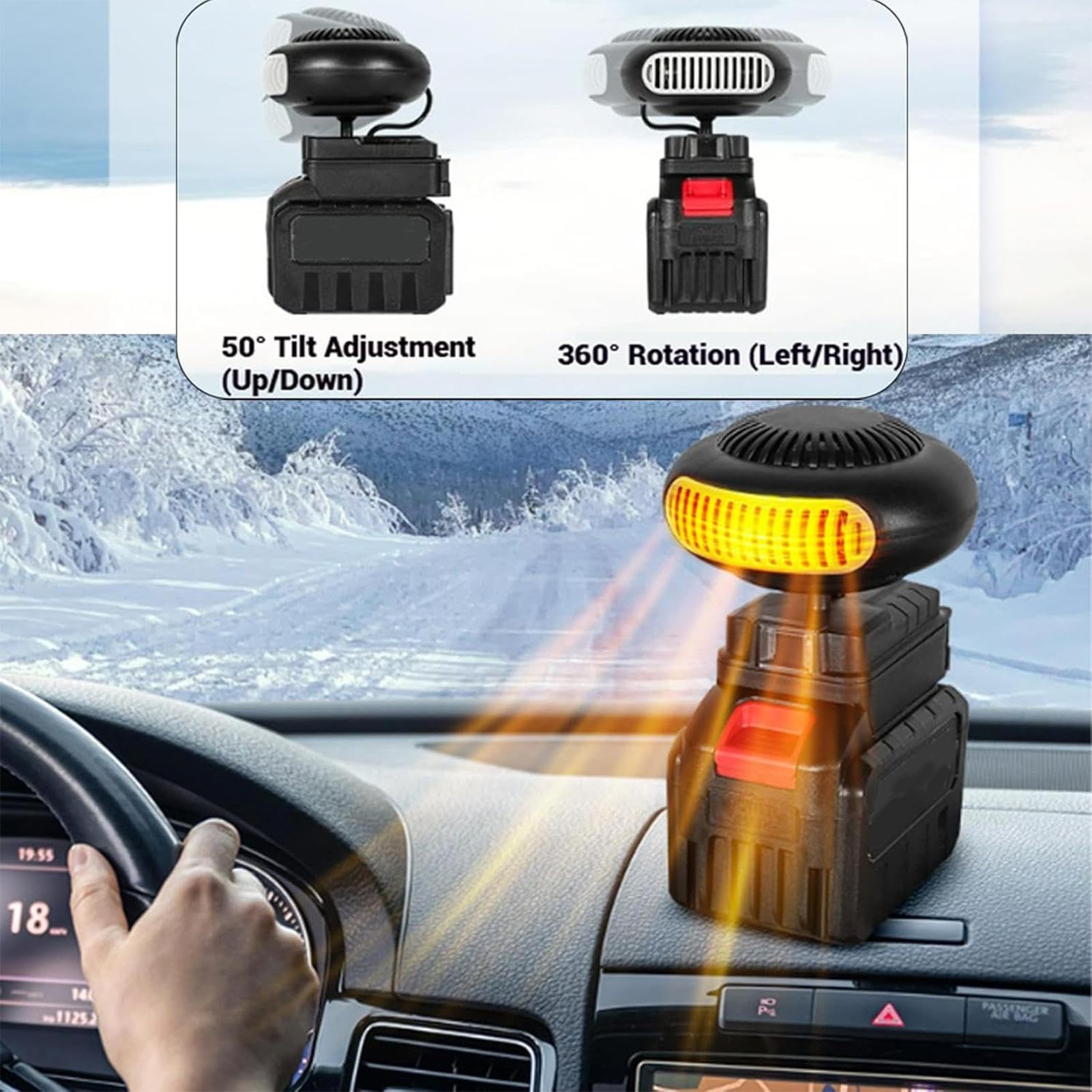 Riscaldatore Portatile Auto Riscaldatore Elettrico con Regolazione a 360 | Parabrezza Sbrinatore E Antiappannamento Per Spostamenti Mattutini Guida Invernale Parcheggio Coperto