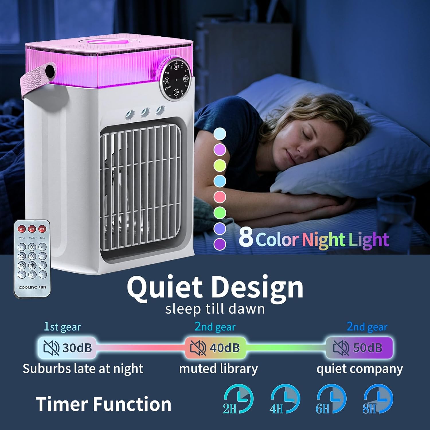 Portable Air Conditioner with Remote Control,1200ml Evaporative USB Mini Air Cooler Conditioner RGB 8 LEDs, 3 Speed 3 Spray Mode,2-8H Timer Small Portable Ac Unit for Home Bedroom,Pearl White