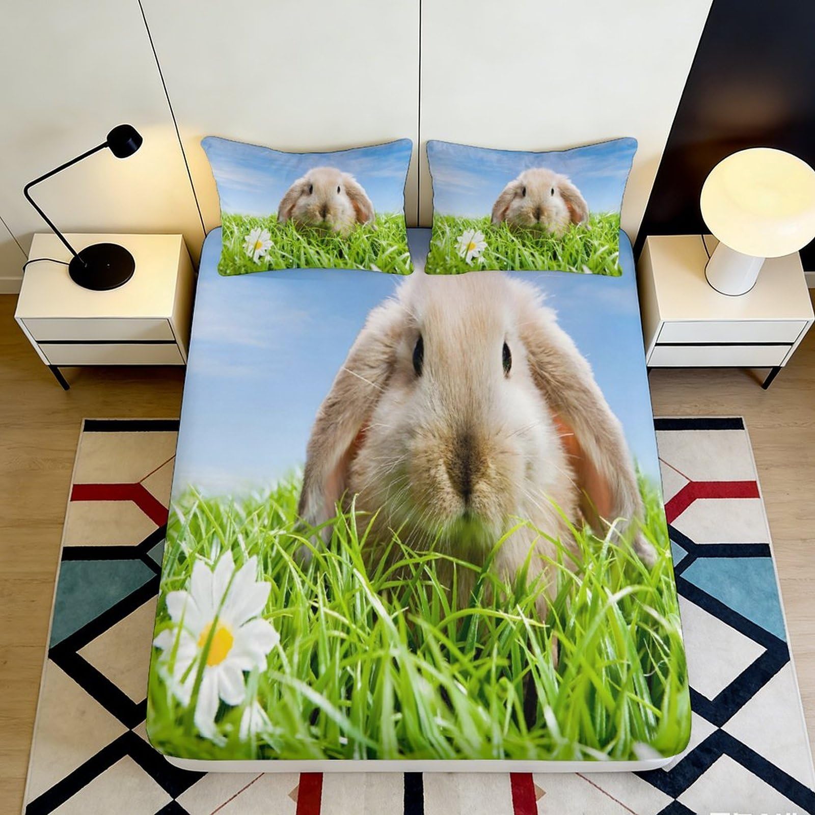 Dhbaneiok Style-5 3D Printed Bunny Meadow Fitted Sheet Microfiber Soft Green Grass Rabbit Bed Sheet For Bedroom Dorm Decor Protection 90X200x25cm