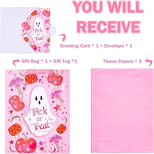 Miniatura 3 de WRAPAHOLIC Bolsa de regalo grande de Halloween de 13 pulgadas con tarjeta y papel de seda, diseño clásico de Halloween y letras de Happy Halloween
