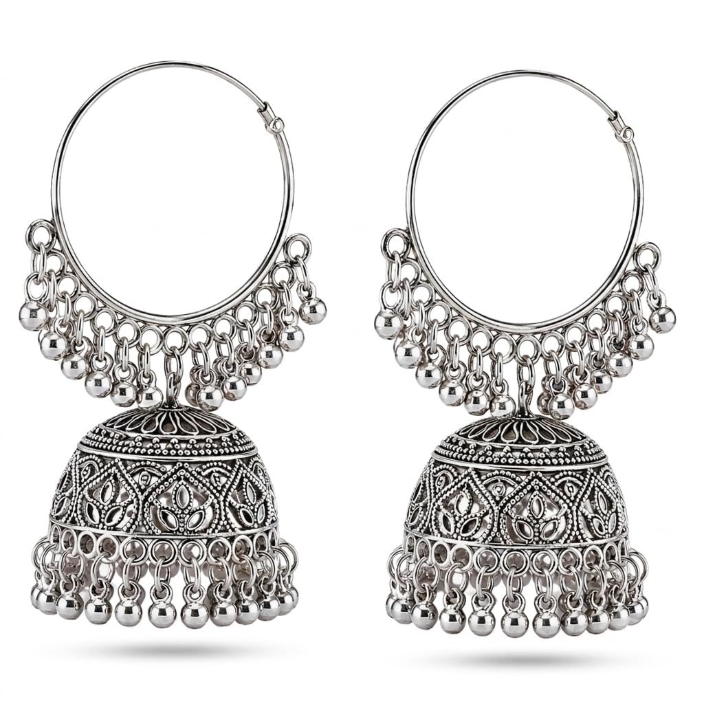 SIA RATNA Oxidised Silver Plated Big Hoop Jhumka Earrings for Women & Girls | Traditional Ethnic Indian Jewellery for Wedding, Party & Casual Wear