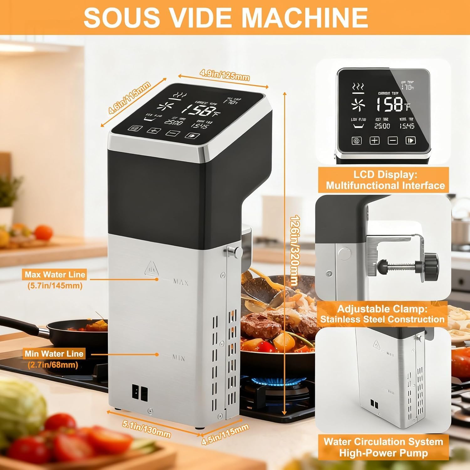 Sous Vide Machine 1600W, IPX7 Waterproof Immersion Circulator, LCD Touchscreen, Ultra-Quiet 15 dB, Stainless Steel, Precise Temperature Control for Perfect Low-Temp Cooking