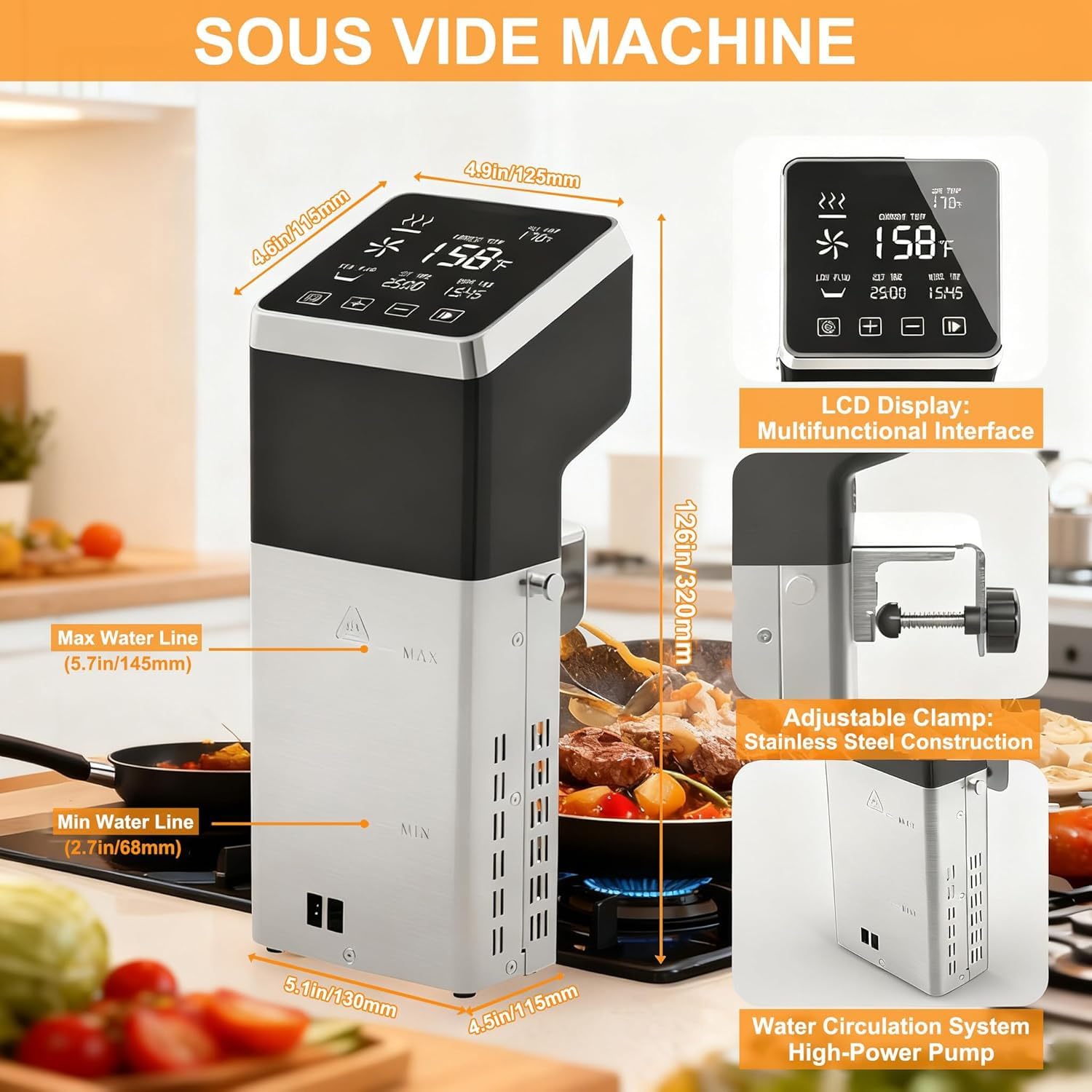 Macchina per cottura sottovuoto da 1600 W, pentola professionale impermeabile IPX7, touchscreen LCD e timer, circolatore a immersione a 360°, ultra silenzioso da 15 dB, acciaio inossidabile