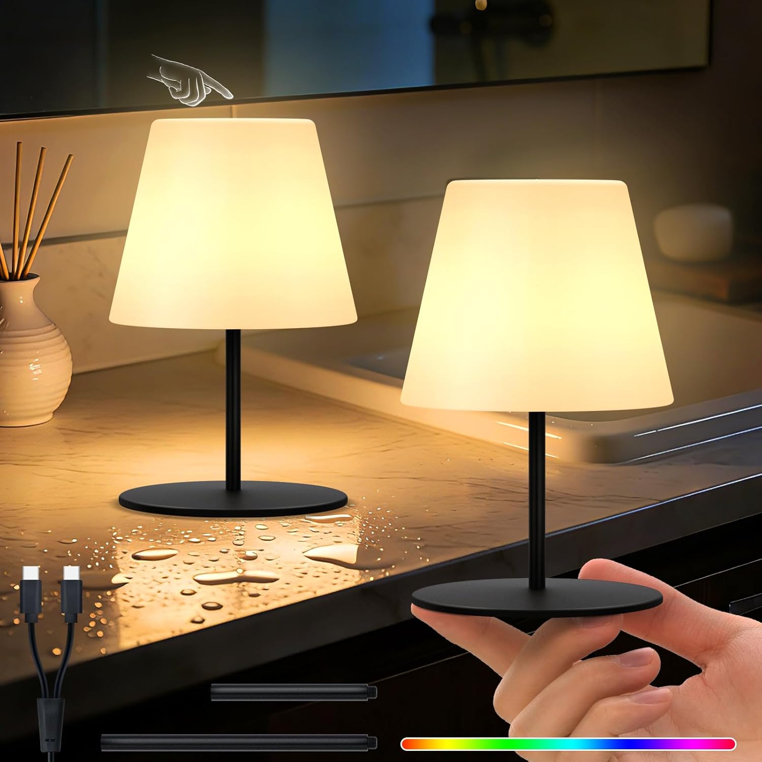uuffoo 2 Pcs Table Lamp Shower Lamp Cordless Battery Operated Rechargeable Touch Desk Lamp Bathroom Lamp LED Night Light IP44 for Outdoor Indoor Bathroom Dining Table Living Room Bedroom Hotel (Black)