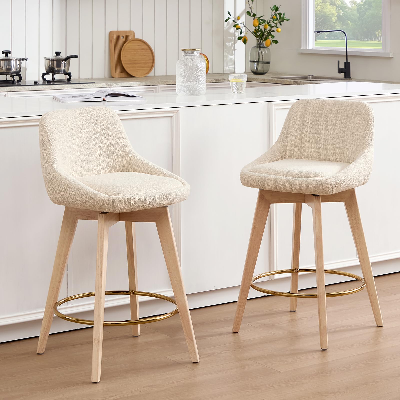 Zesthouse Swivel Counter Height Stools Set of 2, 26" Wooden Barstools with Back &amp; Solid Wood Legs, Modern Upholstered Bar Stools for Kitchen Island, Beige Linen Fabric Counter Height Chairs